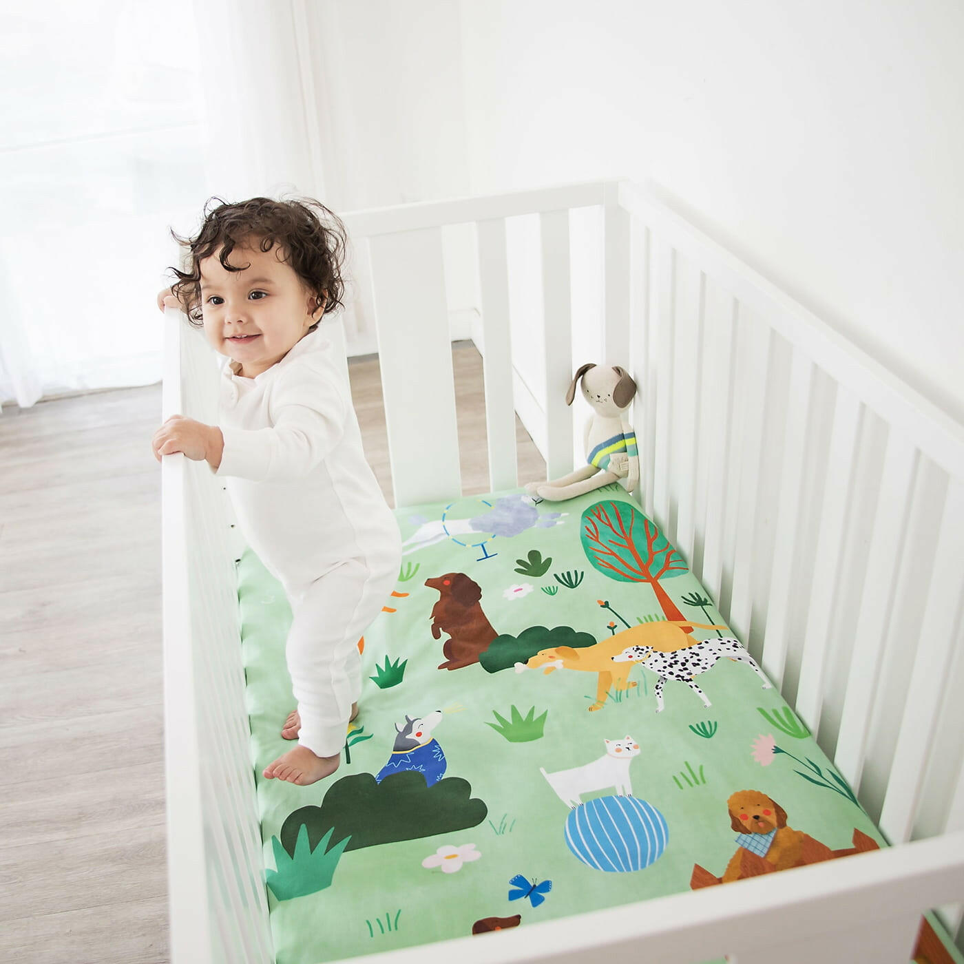 At The Dog Park Standard Size Crib Sheet Crib sheets Rookie Humans