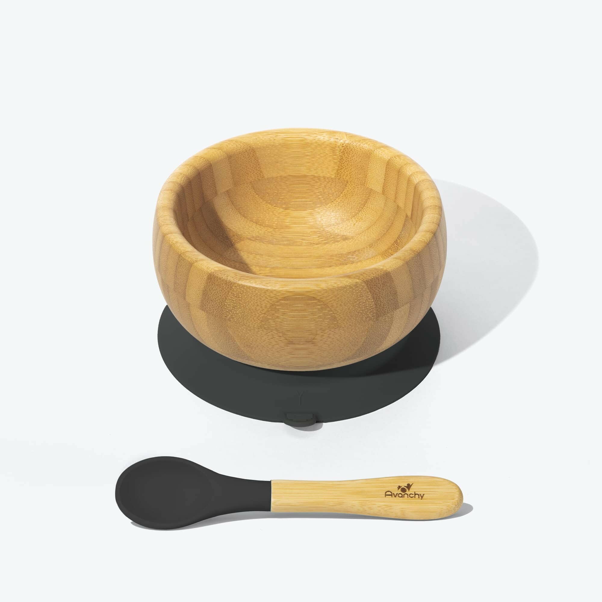 Avanchy Bamboo Suction Baby Bowl + Spoon Baby Feeding Avanchy Sustainable Baby Dishware Black
