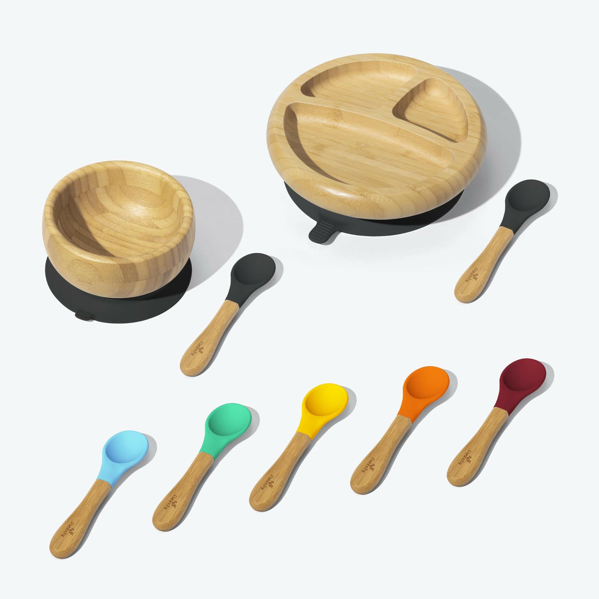 Avanchy Build-A-Rainbow Collections Toddler Feeding Avanchy Sustainable Baby Dishware Baby Plate W/ Spoon 5 Pack Baby Spoons Black