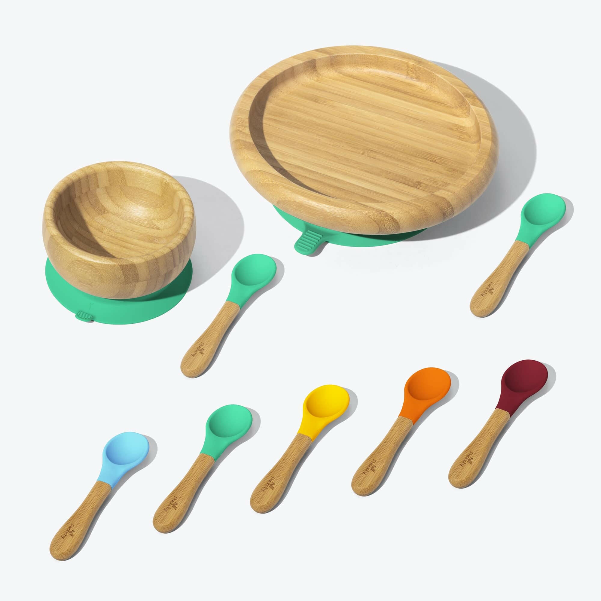 Avanchy Build-A-Rainbow Collections Toddler Feeding Avanchy Sustainable Baby Dishware Classic Plate W/ Spoon 5 Pack Baby Spoons Green