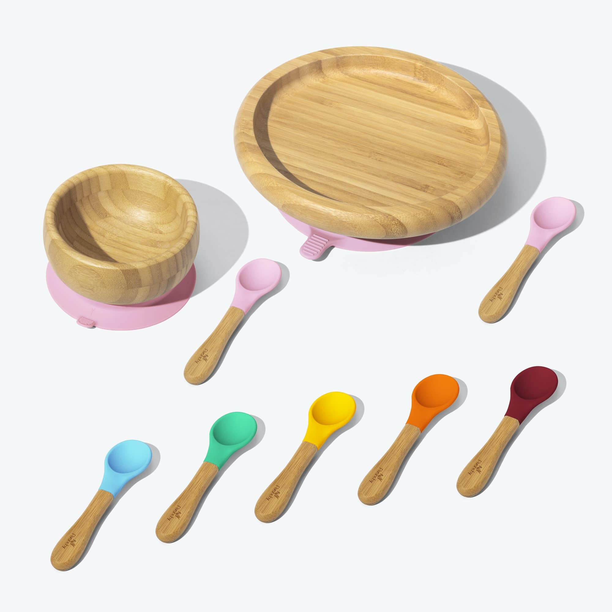 Avanchy Build-A-Rainbow Collections Toddler Feeding Avanchy Sustainable Baby Dishware Classic Plate W/ Spoon 5 Pack Baby Spoons Pink