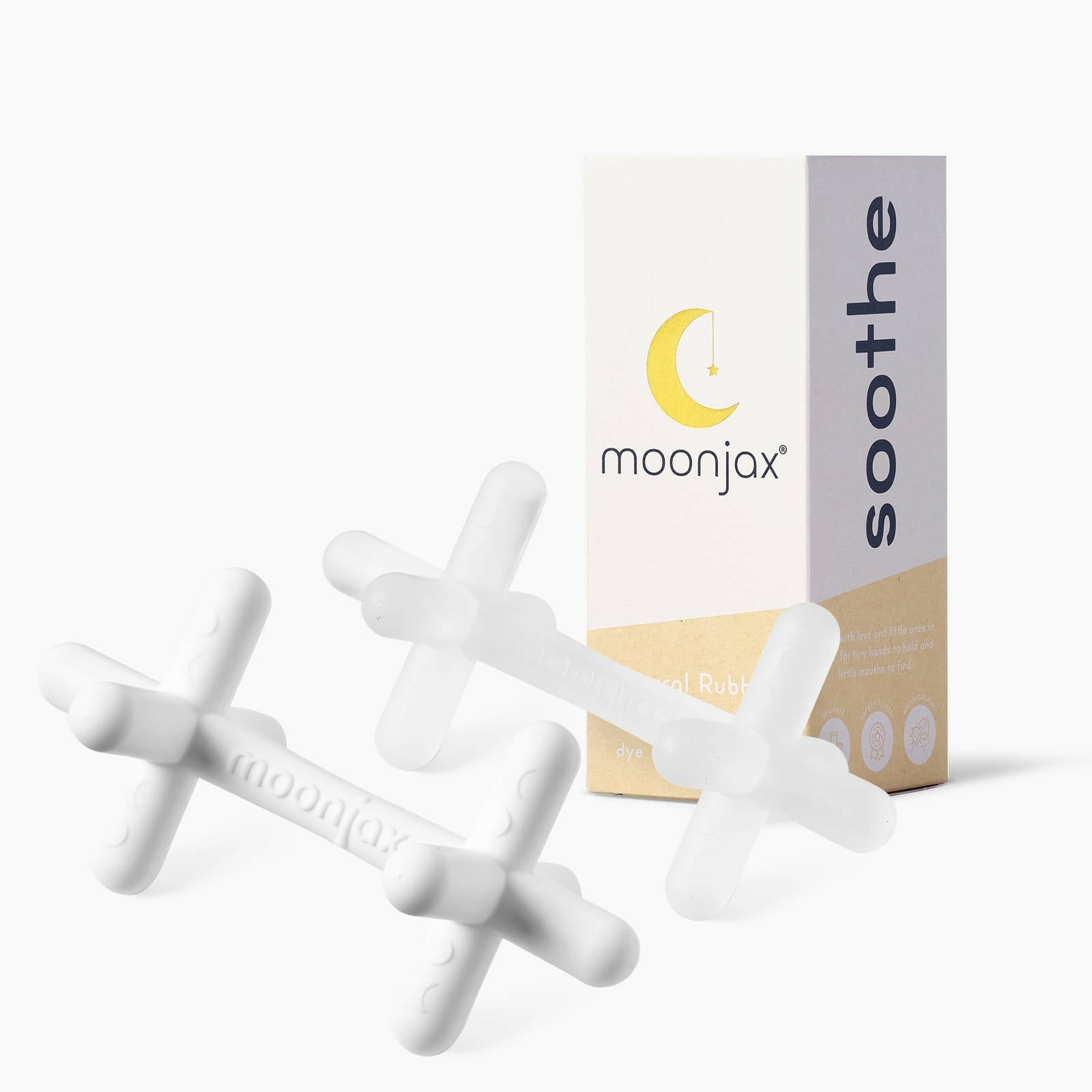 The best baby teethers: 2-pack mix & match TEETHER Moonjax® clear silicone moonlight white silicone