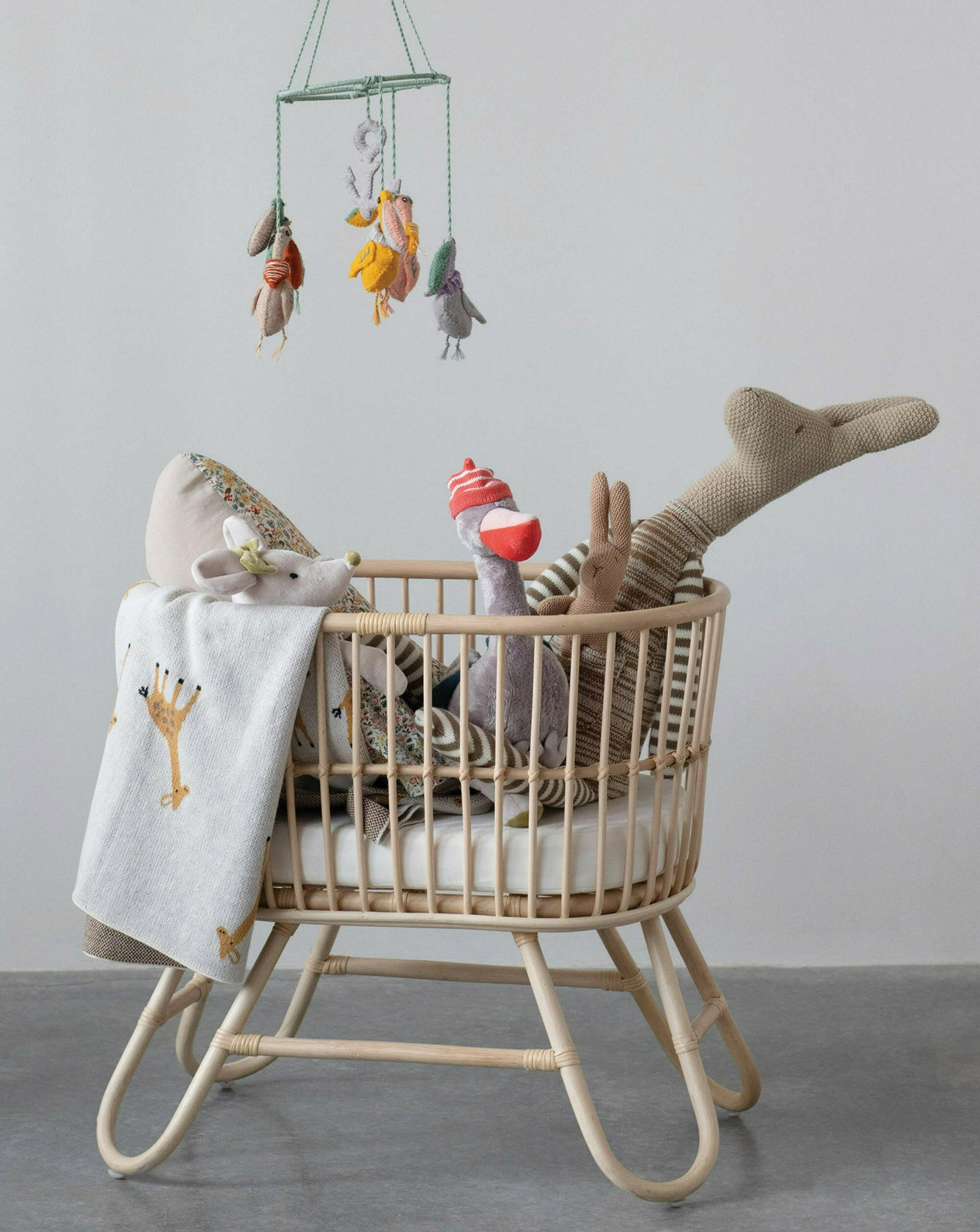 Hand-Woven Rattan Doll Bassinet with Cushion Doll Accessories Creativeco-op