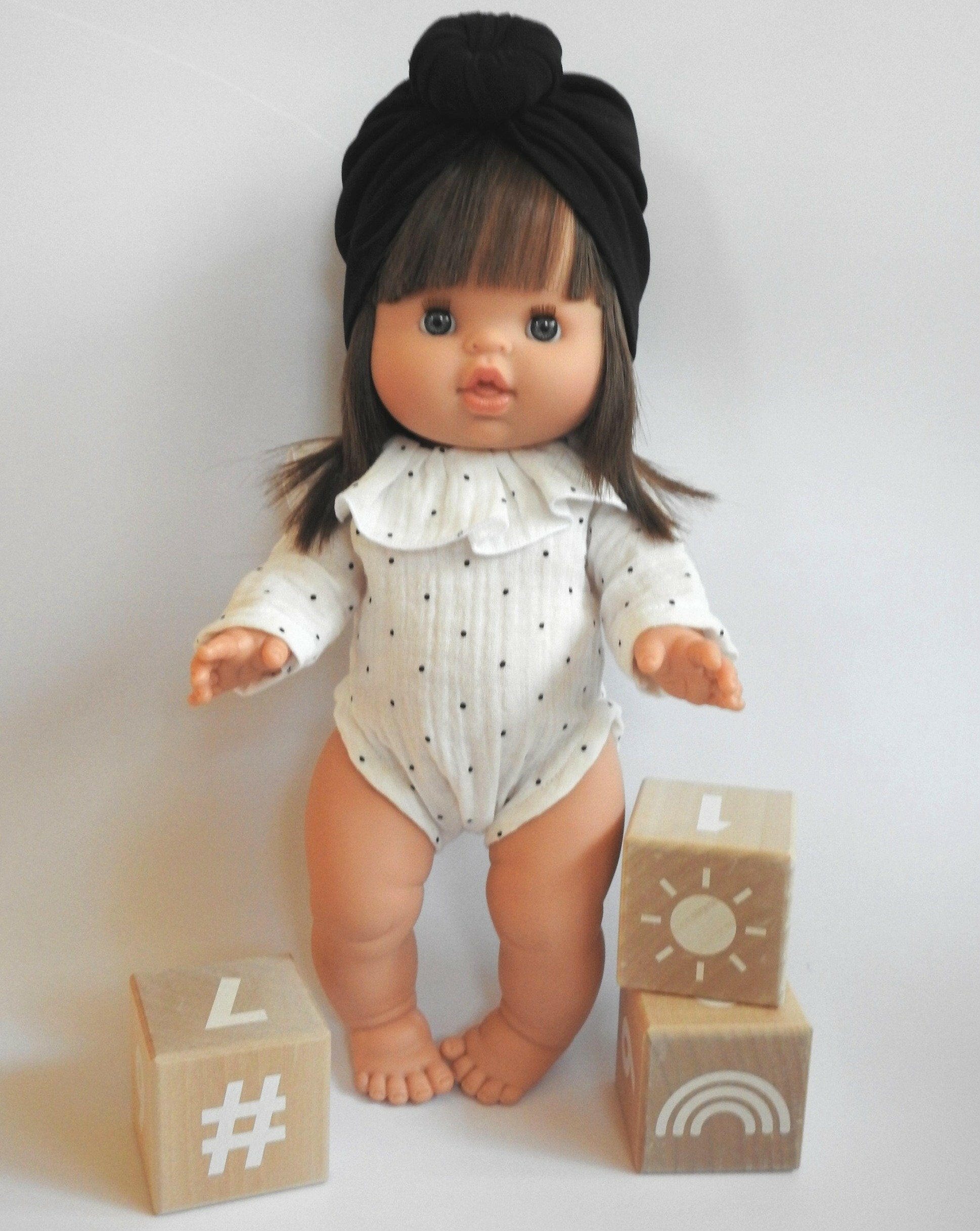 Ruffle Long Sleeve Romper Doll Clothing Little Wonder & Co. Black Dots