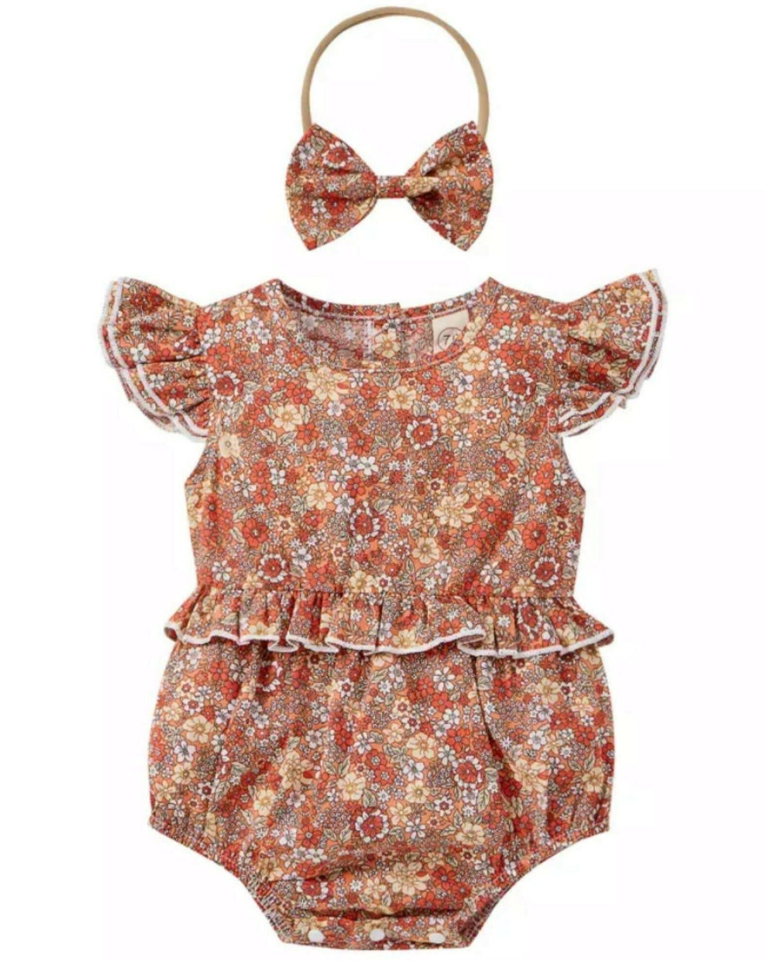 Floral Flutter Sleeve Bubble Romper and Headband Baby Clothing Tiny Trendsetter Inc.