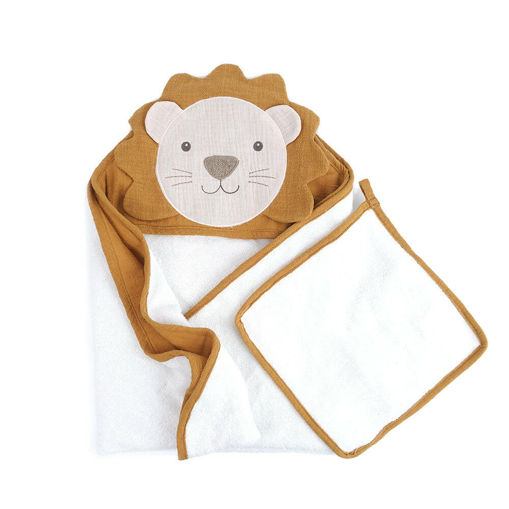 PETIT LION TOWEL AND WASHCLOTH SET Hooded Bath Wraps MON AMI