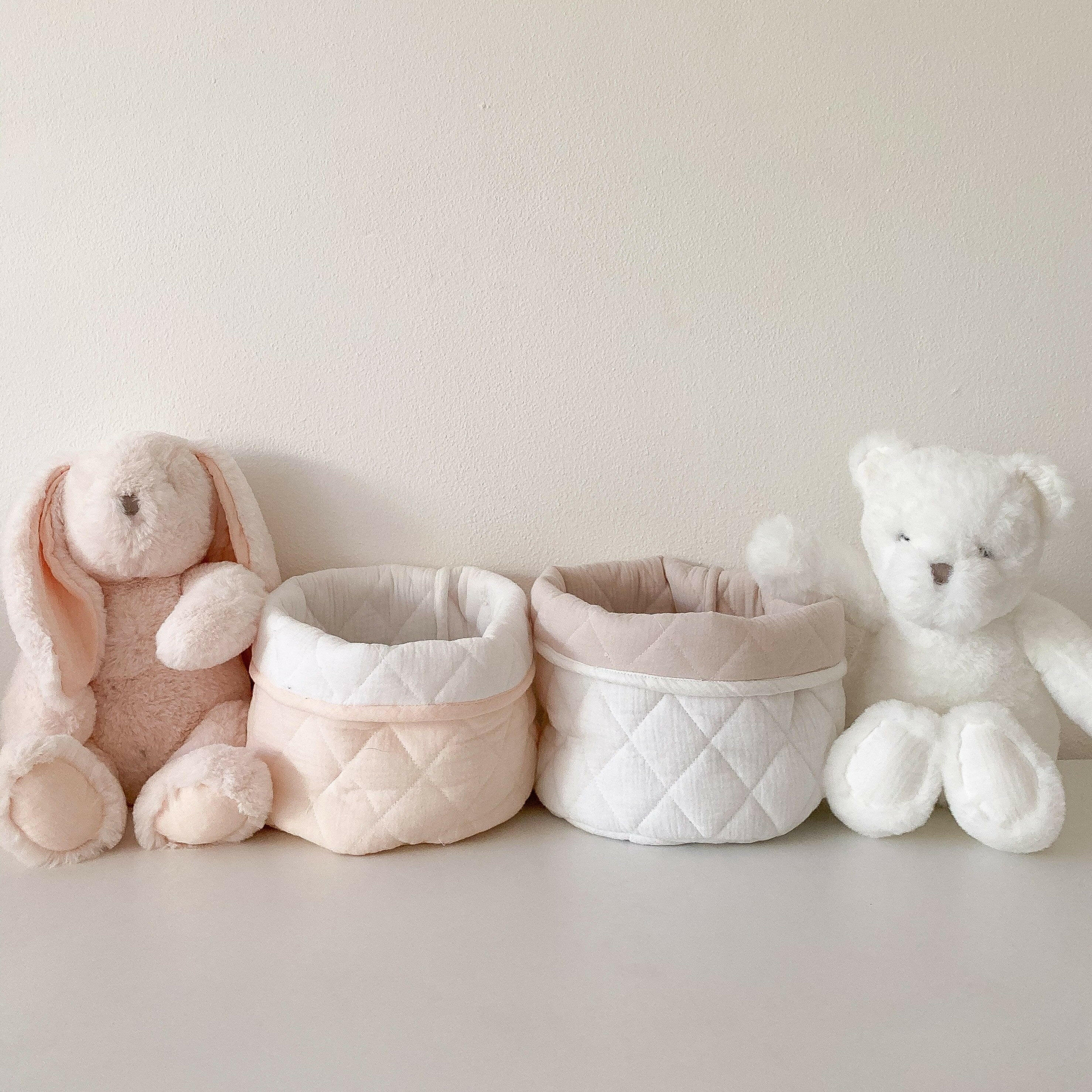 BLUSH PINK/WHITE QUILTED MUSLIN BIN SET OF 2 Storage Bin MON AMI