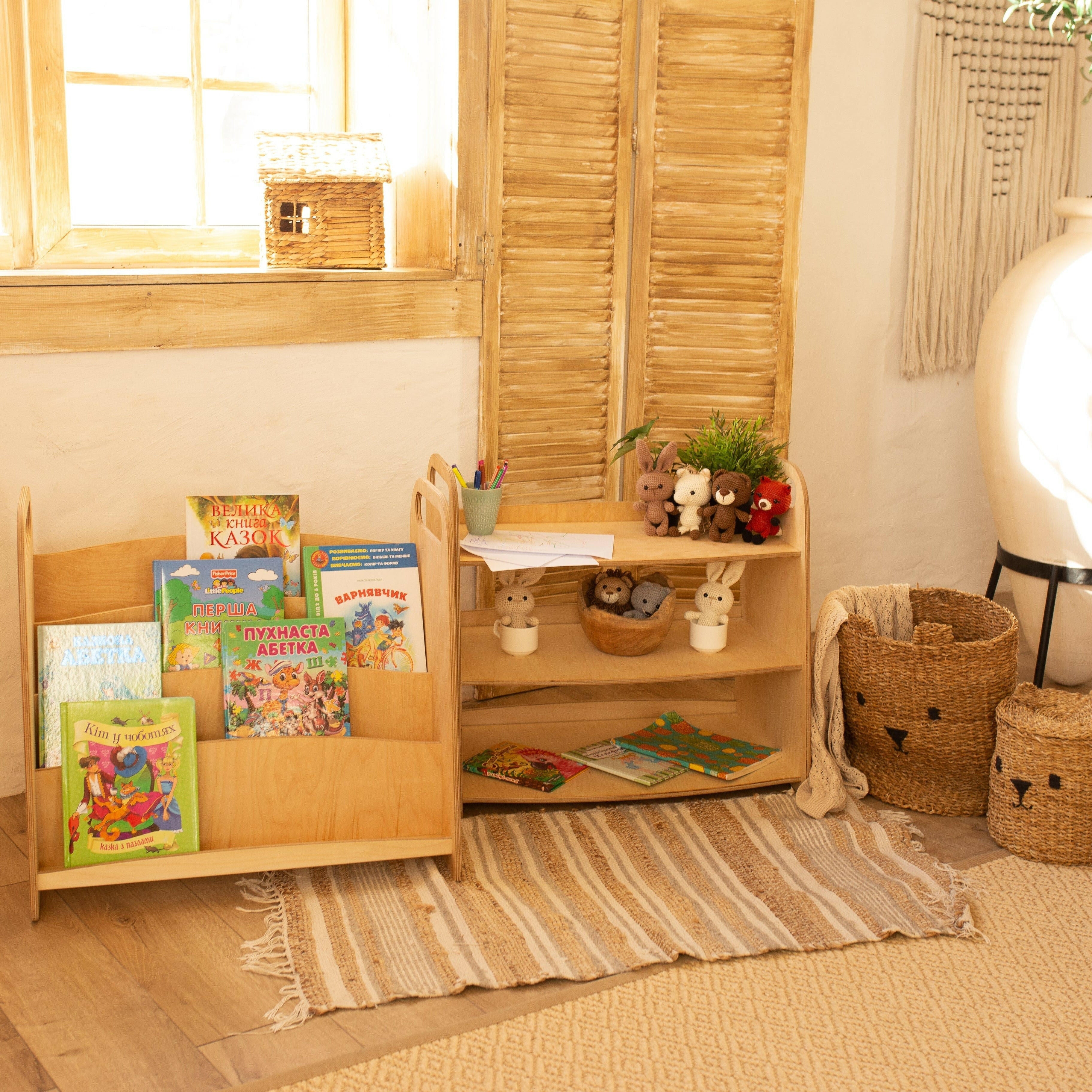 2in1 Montessori Shelves Set: Bookshelf + Toy Shelf – Beige Shelves Goodevas