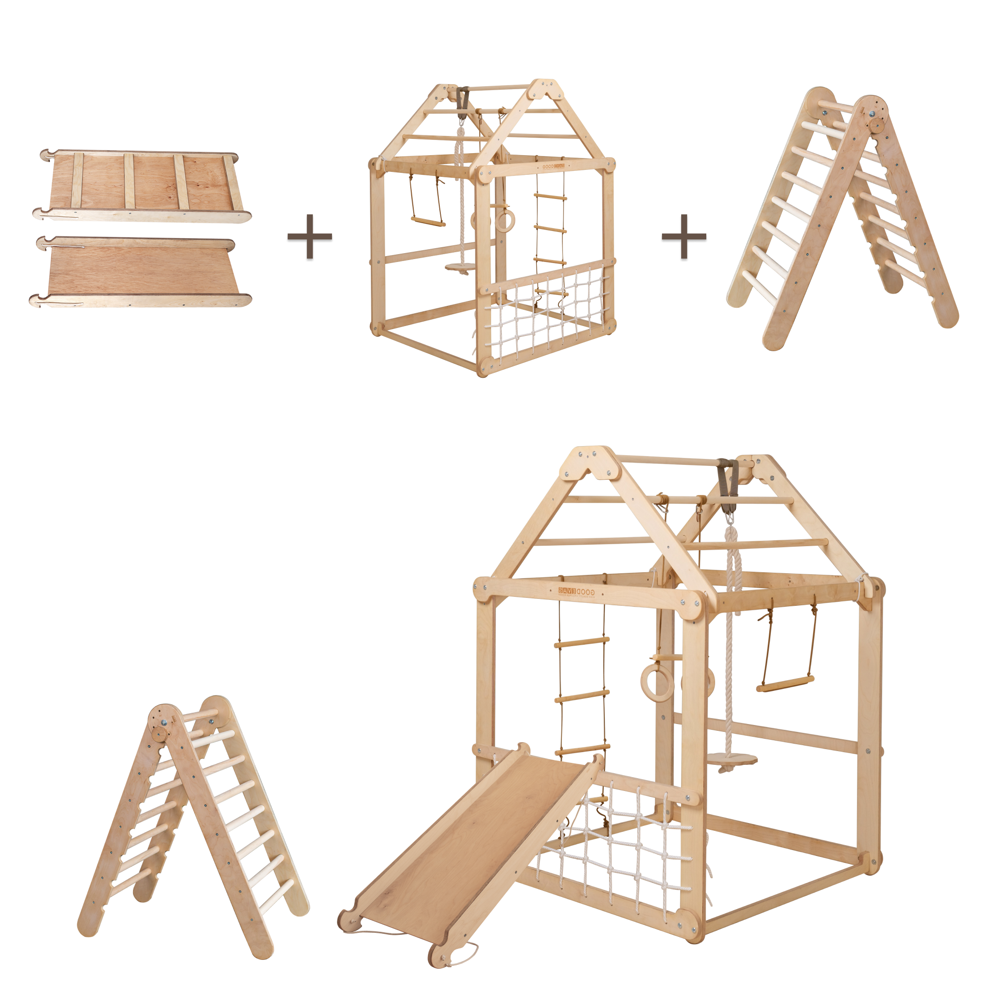 Indoor Wooden Playhouse with Triangle ladder, Slide Board and Swings Playhouses Goodevas