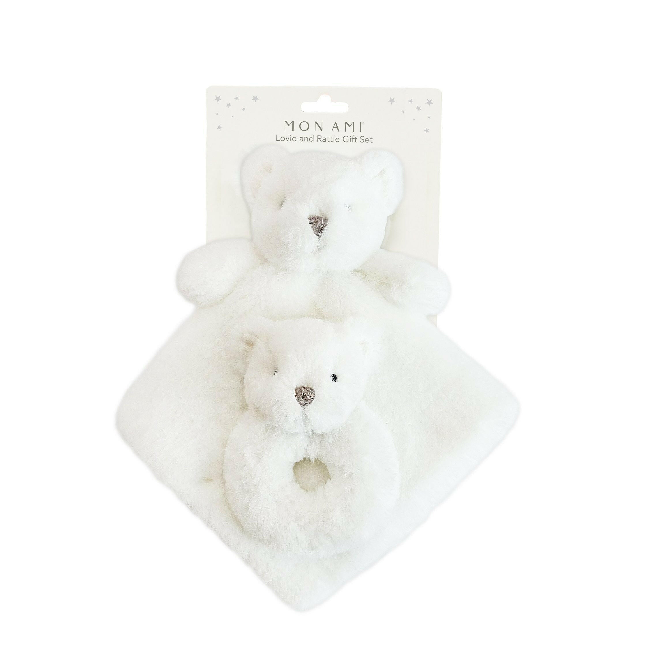 WHITE LUXE BEAR LOVIE AND RATTLE SET Security Blankie MON AMI