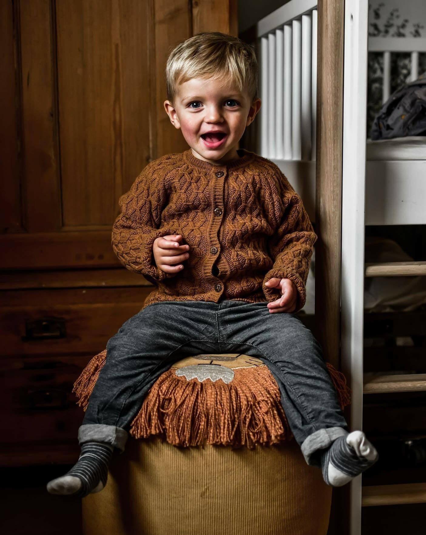 Lion's Face Mustard Yellow Cotton Corduroy Pouf with Embroidered Face & Long Fringe Playroom Furniture Bloomingville