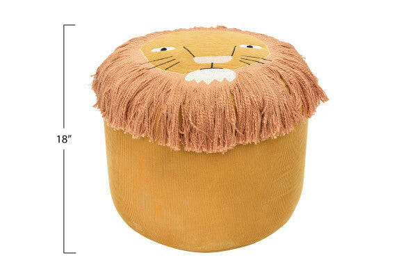 Lion's Face Mustard Yellow Cotton Corduroy Pouf with Embroidered Face & Long Fringe Playroom Furniture Bloomingville