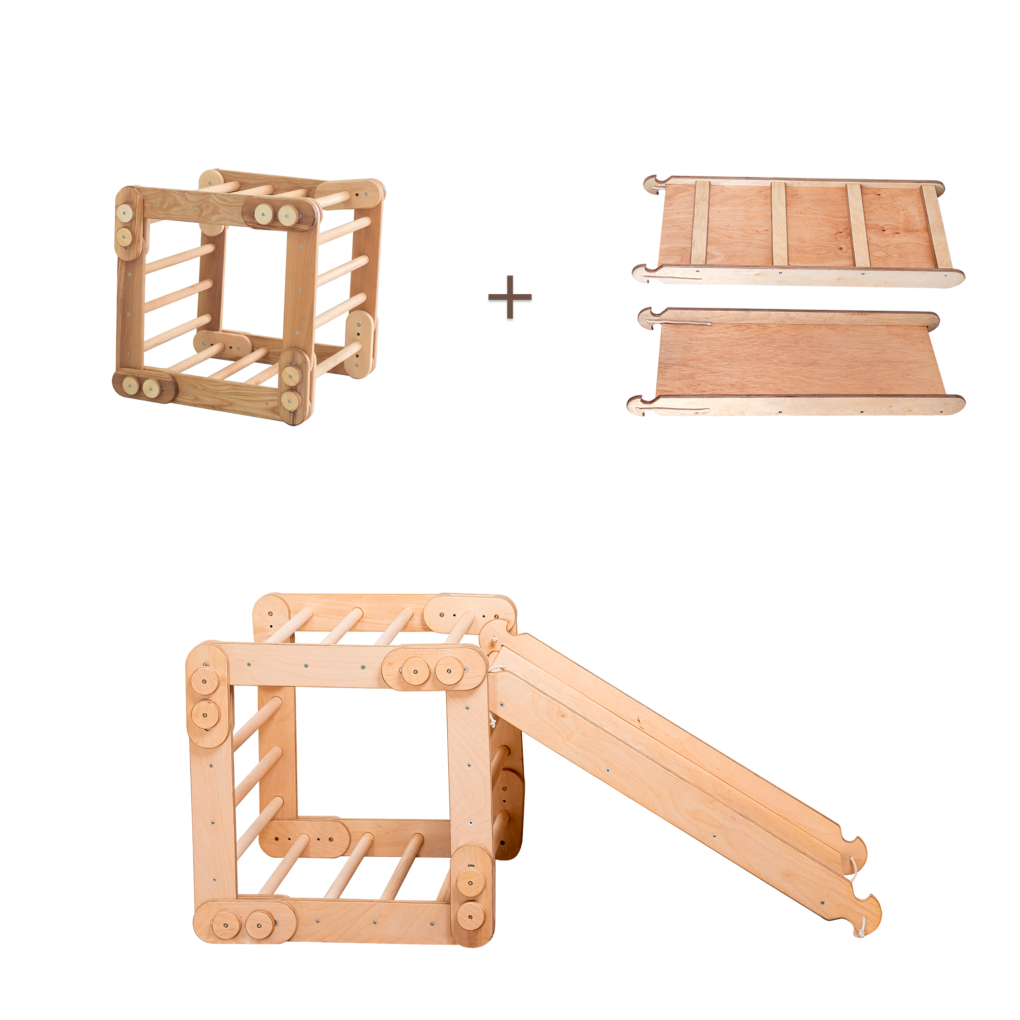 Montessori Climbing Frame Set 2in1: Snake Ladder + Slide Board/Climbing Ramp | Chocolate 2in1 Playsets Goodevas Beige