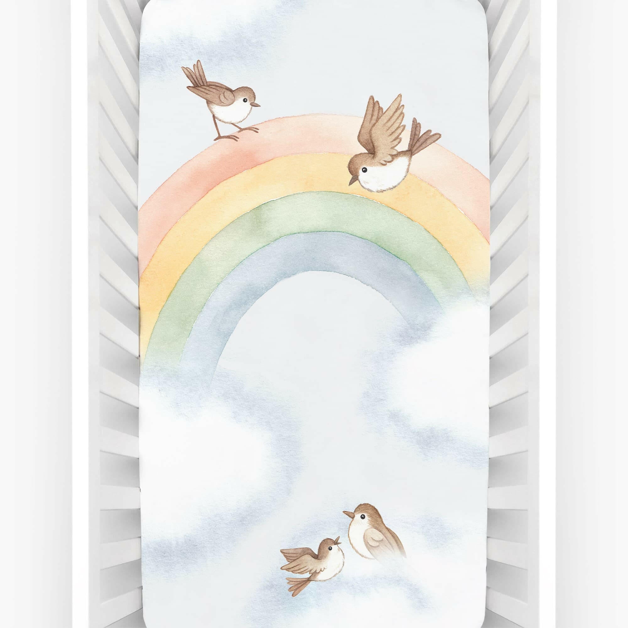 Rainbow and Birds Standard Size Crib Sheet Crib sheets Rookie Humans