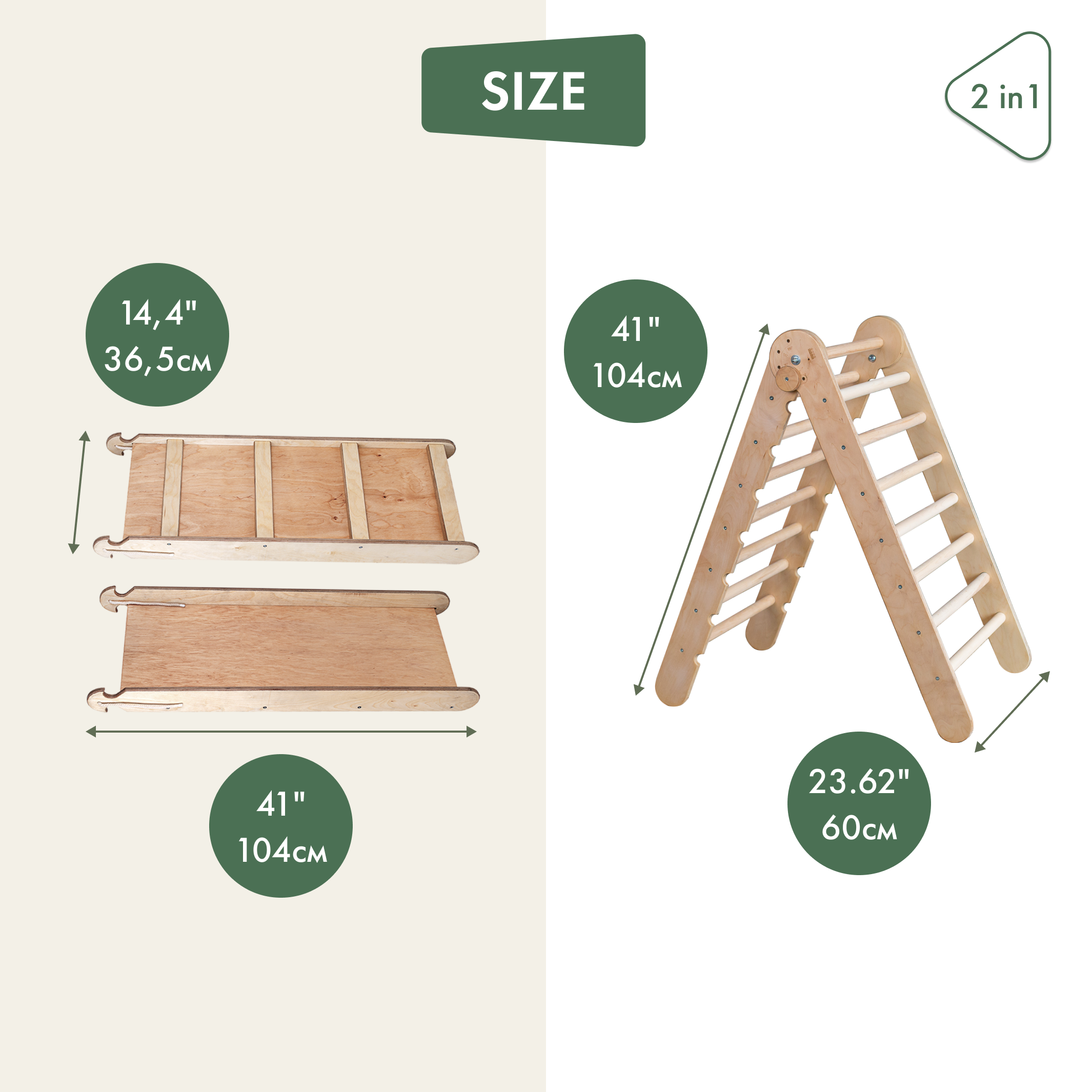 2in1 Montessori Climbing Set: Triangle Ladder + Slide Board/Ramp – Beige 2in1 Playsets Goodevas