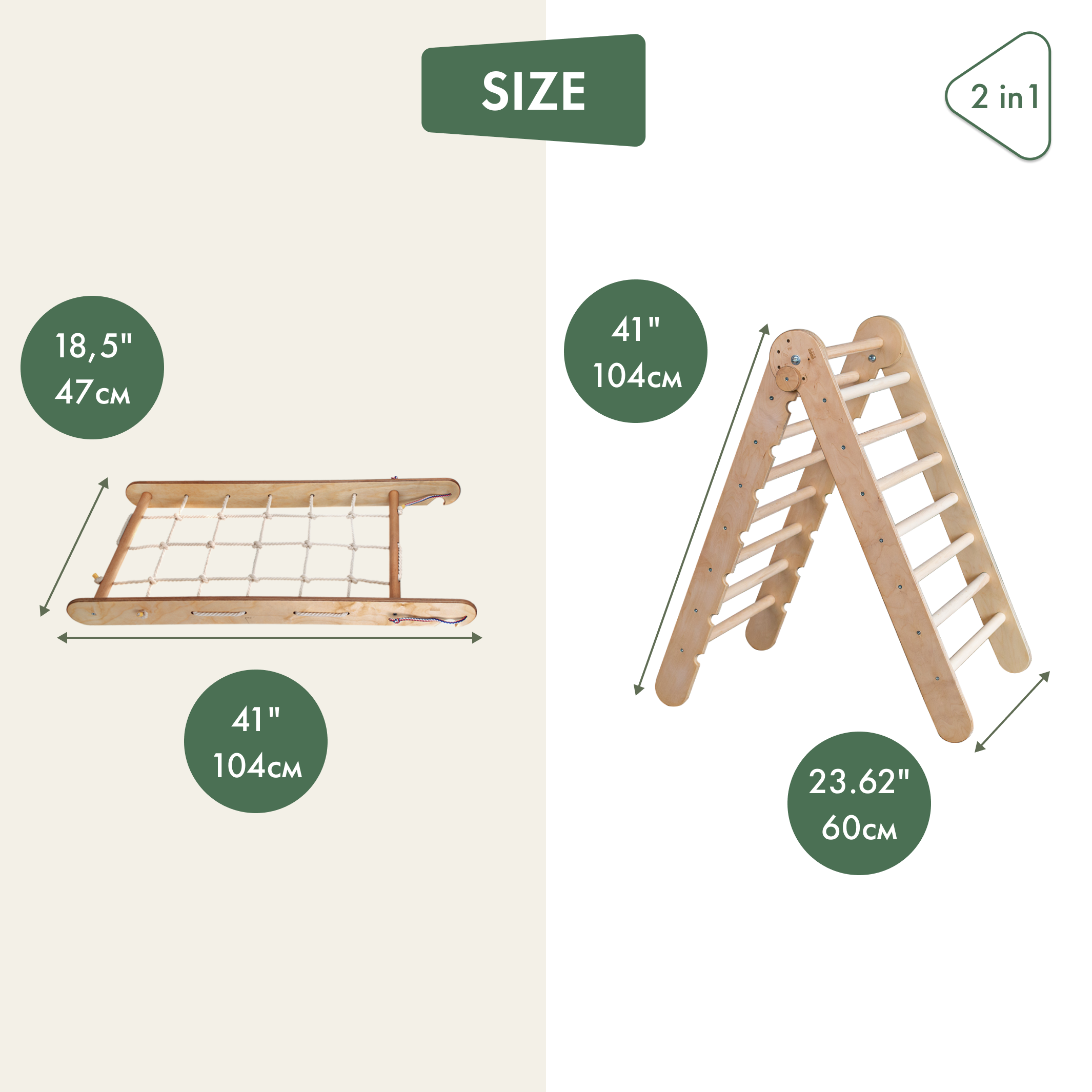 2in1: Montessori Climbing Set: Triangle Ladder + Climbing Net – Beige 2in1 Playsets Goodevas