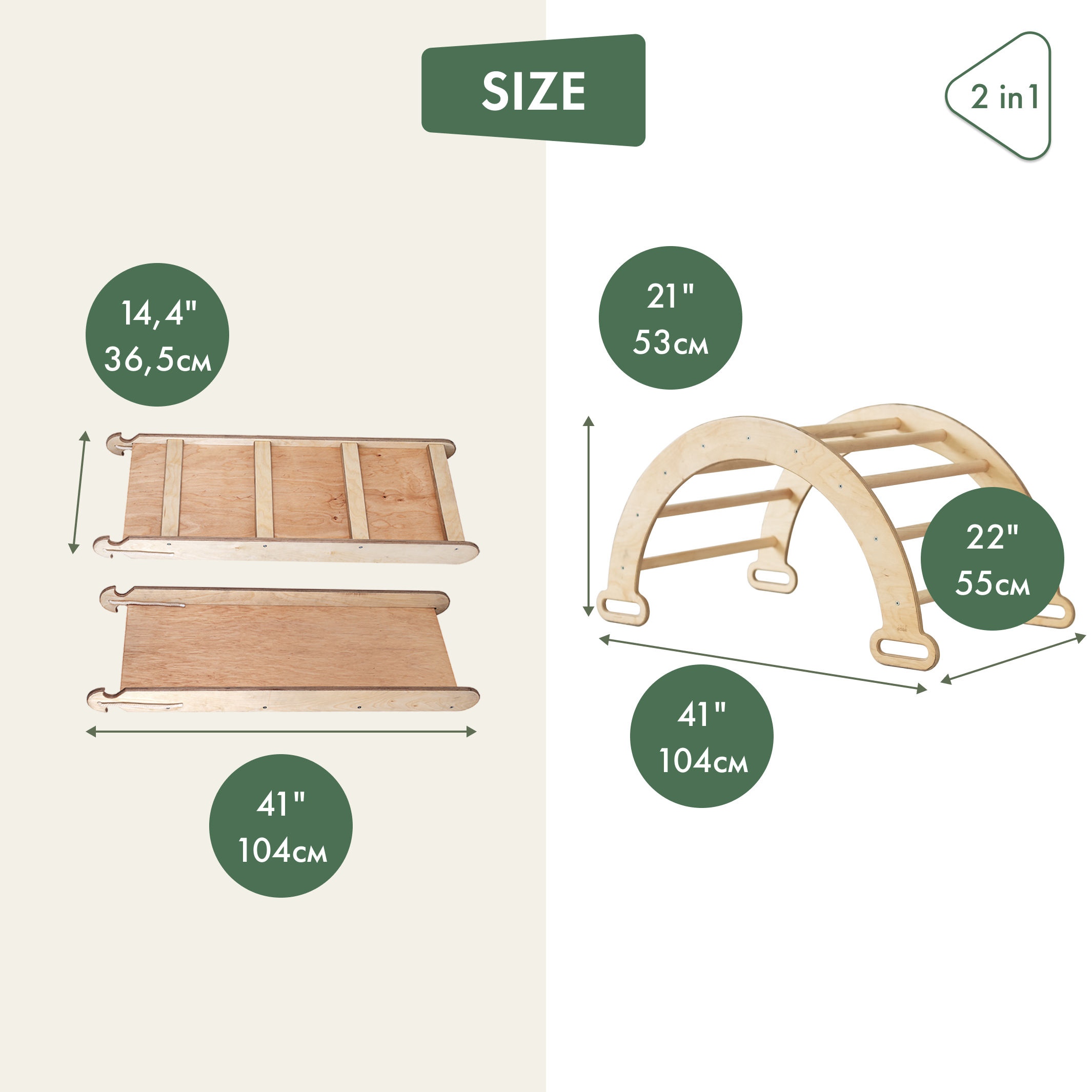 2in1 Montessori Climbing Frame Set: Arch/Rocker Balance + Slide Board/Ramp - Beige 2in1 Playsets Goodevas