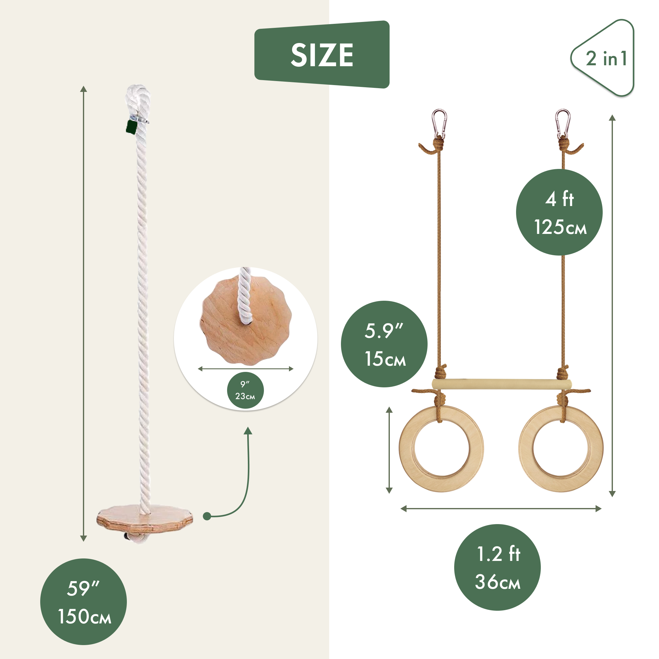 2in1 Swings Set: Disc rope swing + Trapeze bar with rings 2in1 Swing Set Goodevas
