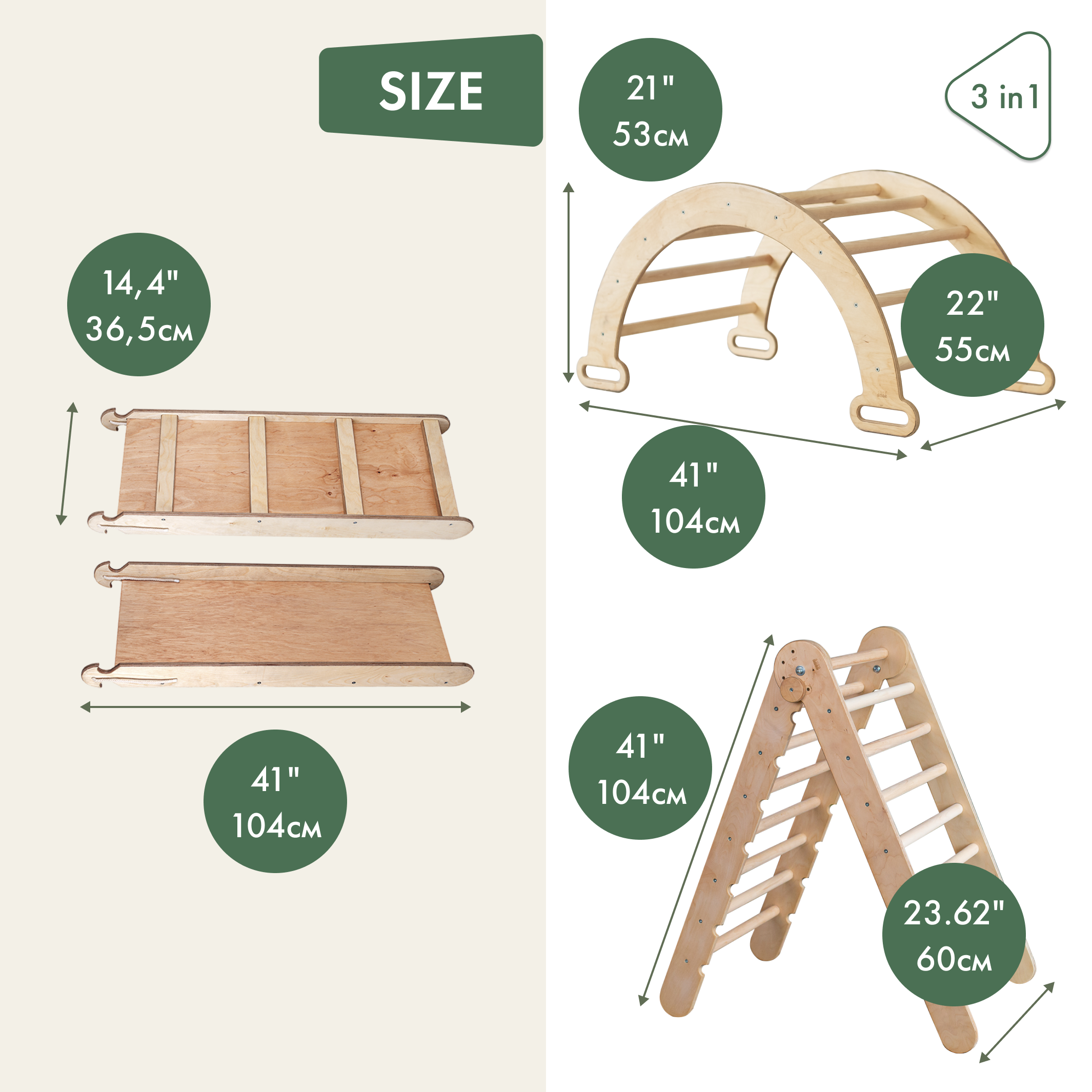 3in1 Montessori Climbing Set: Triangle Ladder + Wooden Arch + Slide Board – Beige 3in1 Playsets Goodevas