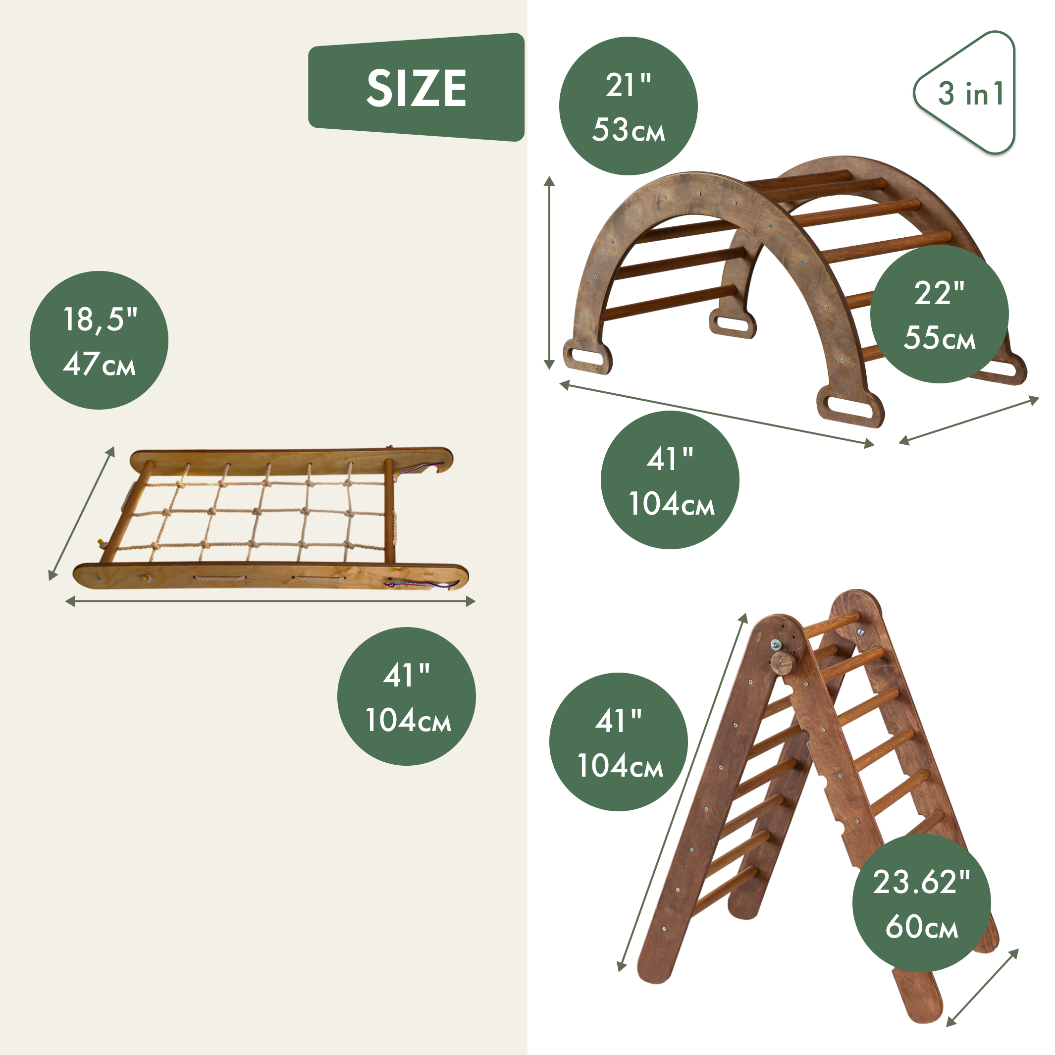 3in1 Montessori Set - Triangle Ladder + Wooden Arch + Climbing Net - Chocolate Color 3in1 Playsets Goodevas