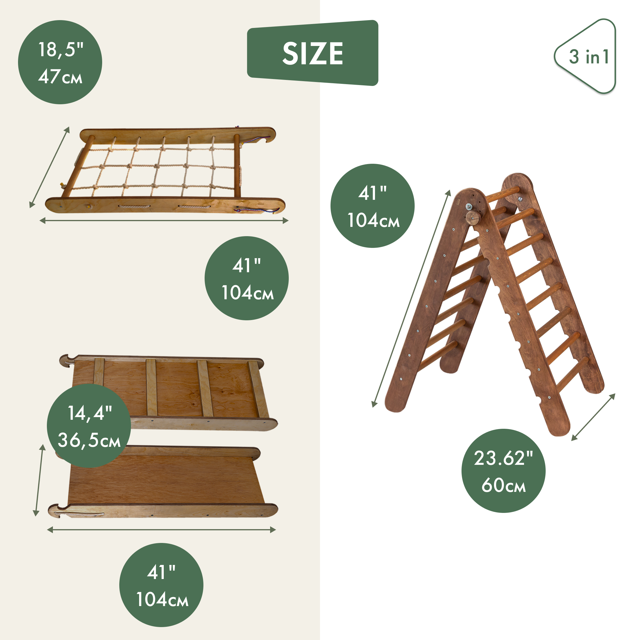 3in1 Montessori Climbing Frame Set: Triangle Ladder + Slide Board/Ramp + Net – Chocolate 3in1 Playsets Goodevas