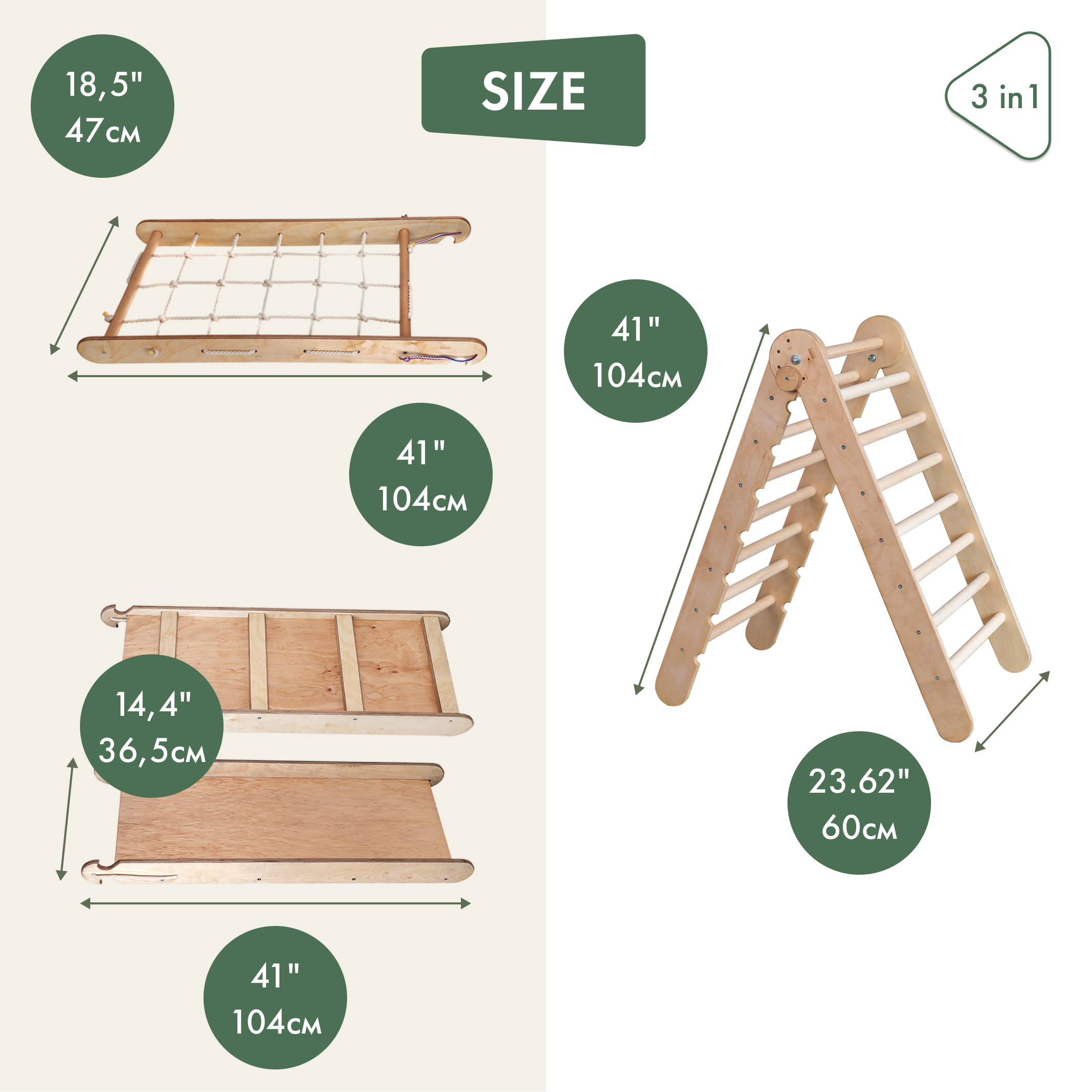 3in1 Montessori Climbing Frame Set: Triangle Ladder + Net + Slide Board/Ramp - Beige 3in1 Playsets Goodevas