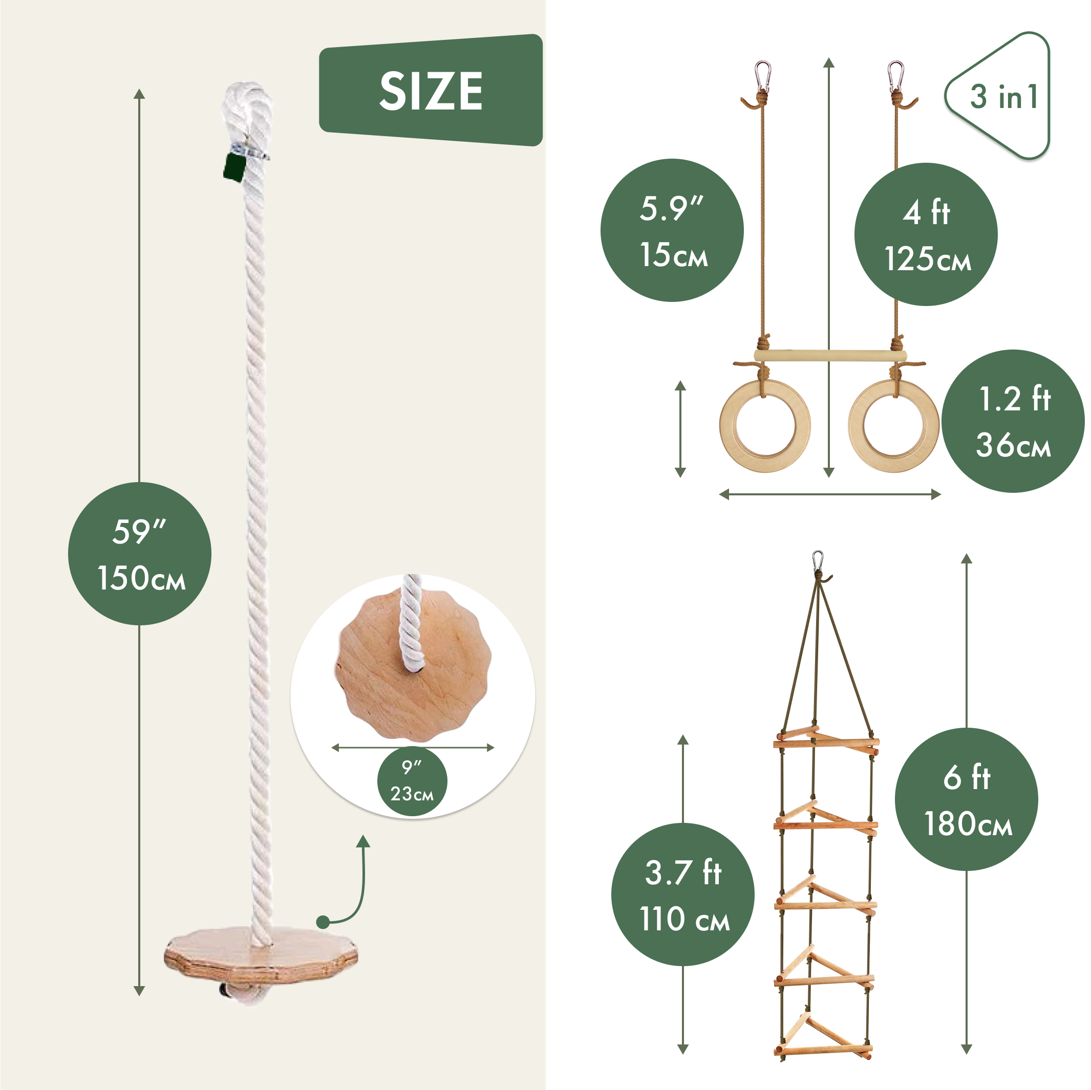 3in1 Swings Set: Rope swing + Trapeze bar with rings + Triangle rope ladder 3in1 Swing Set Goodevas