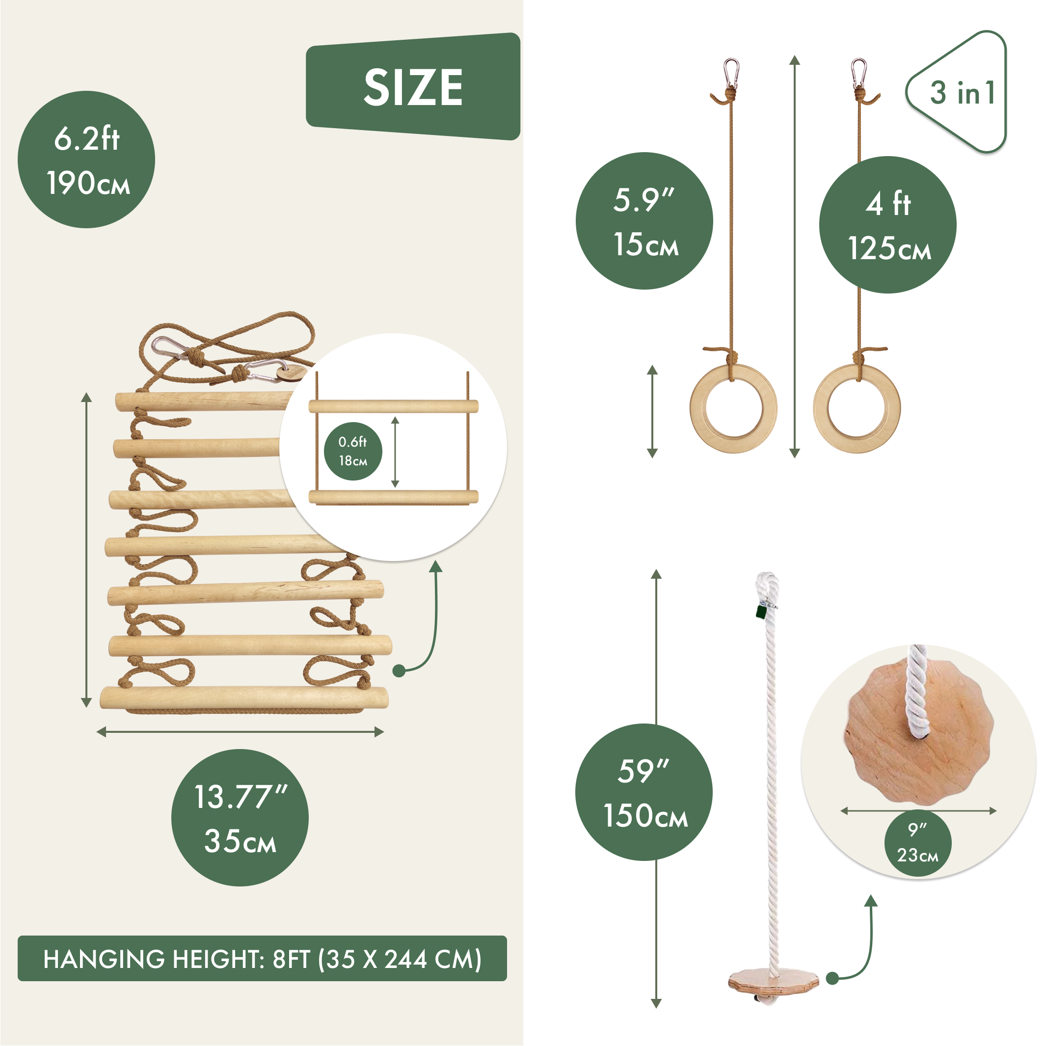 3in1 Swings Set: Rope Ladder + Gymnastic Rings + Disc Rope Swing 3in1 Swing Set Goodevas