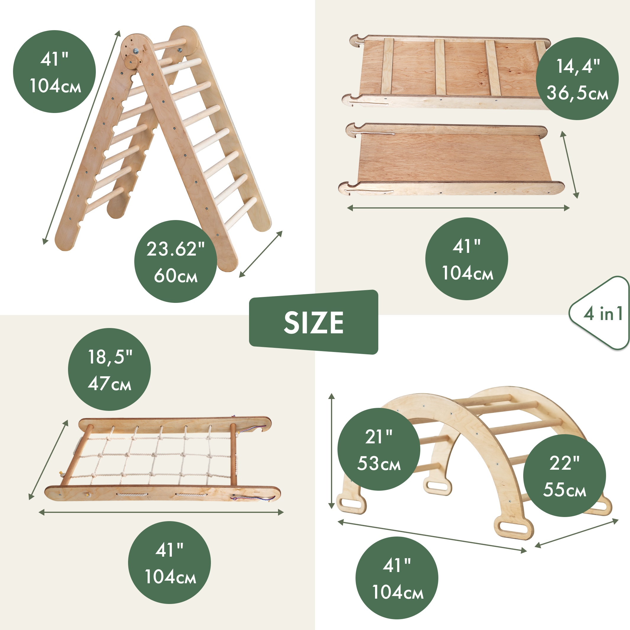 4in1 Montessori Climbing Set: Triangle Ladder + Arch/Rocker + Slide Board/Ramp + Climbing Net – Beige 4in1 Playsets Goodevas