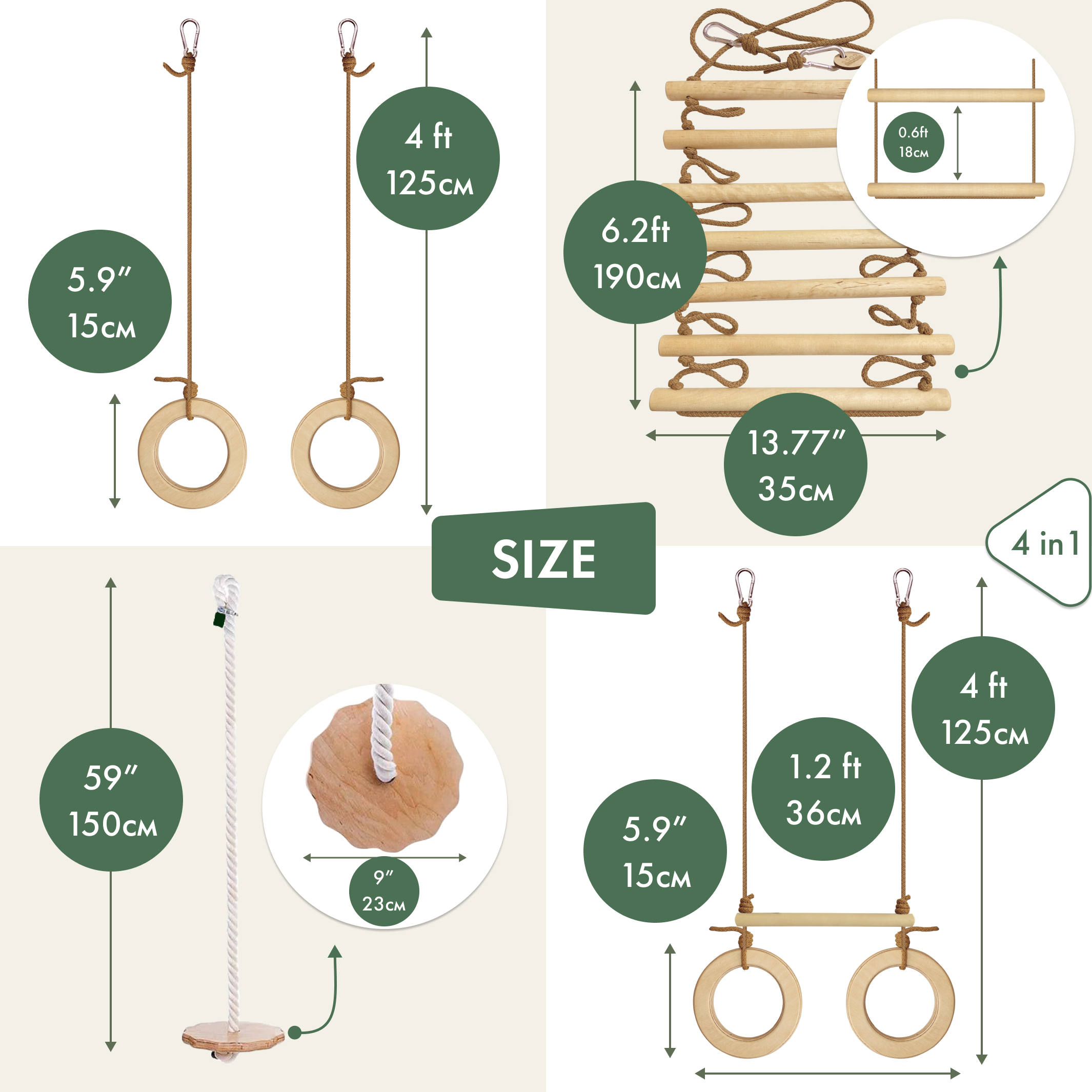 4in1 Swings Set: Rope ladder + Gymnastic rings + Disc swing + Trapeze bar with rings 4in1 Swing Set Goodevas