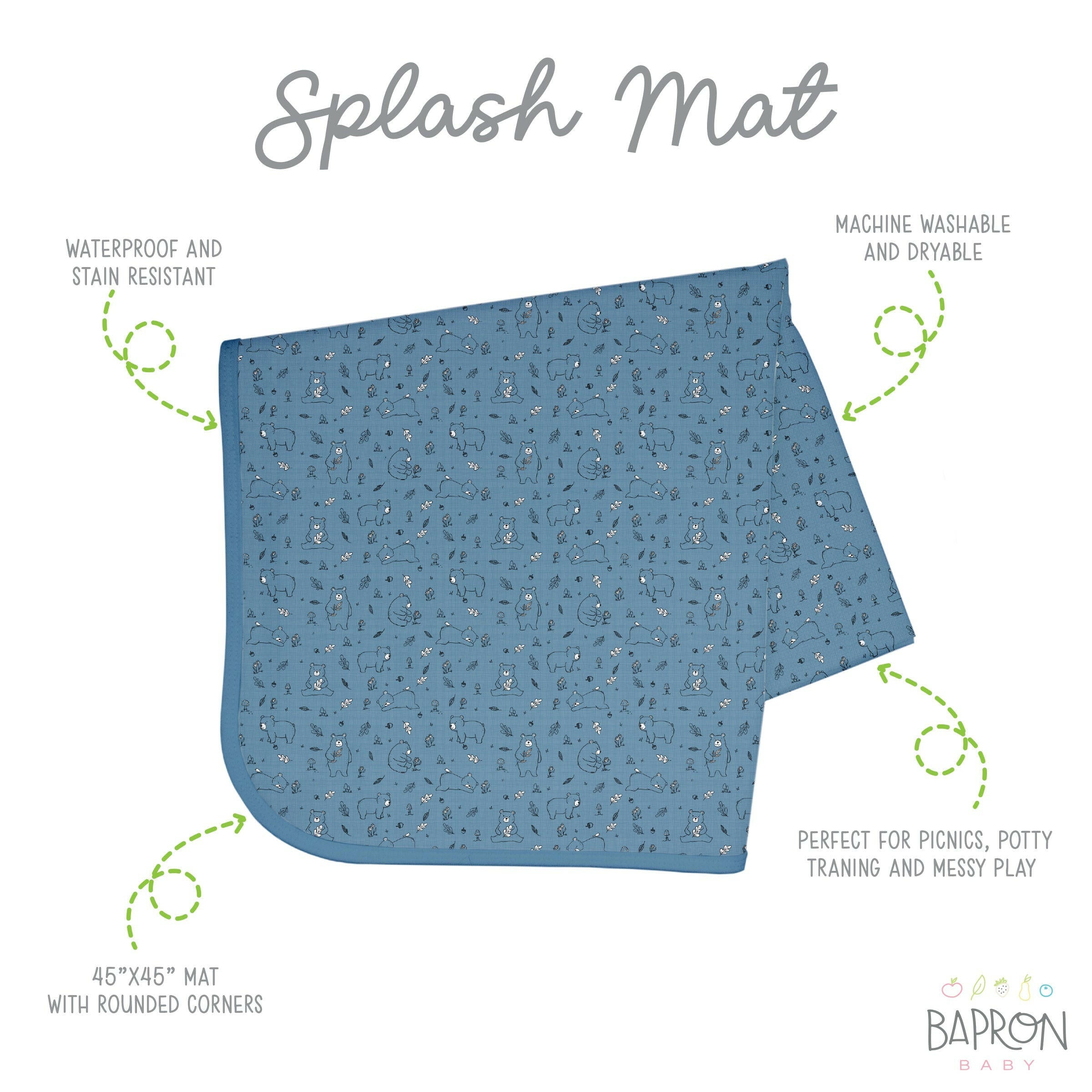 Bears In Blue Splash Mat - A Waterproof Catch-All for Highchair Spills and More!  BapronBaby