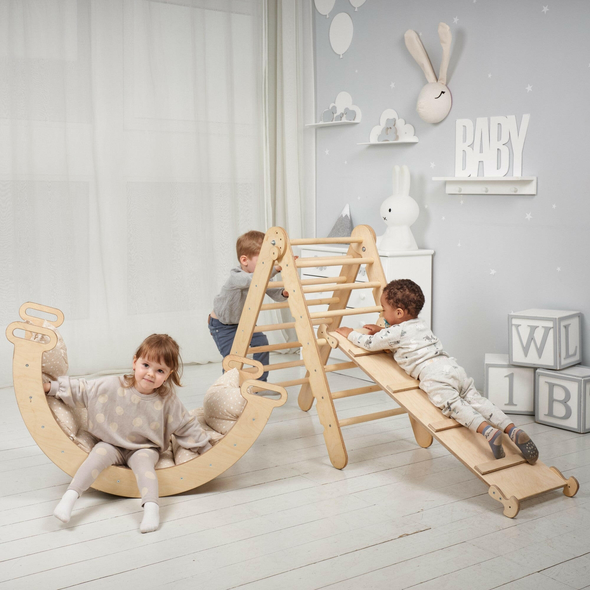 3in1 Montessori Climbing Set: Triangle Ladder + Wooden Arch + Slide Board – Beige NEW 3in1 Playsets Goodevas