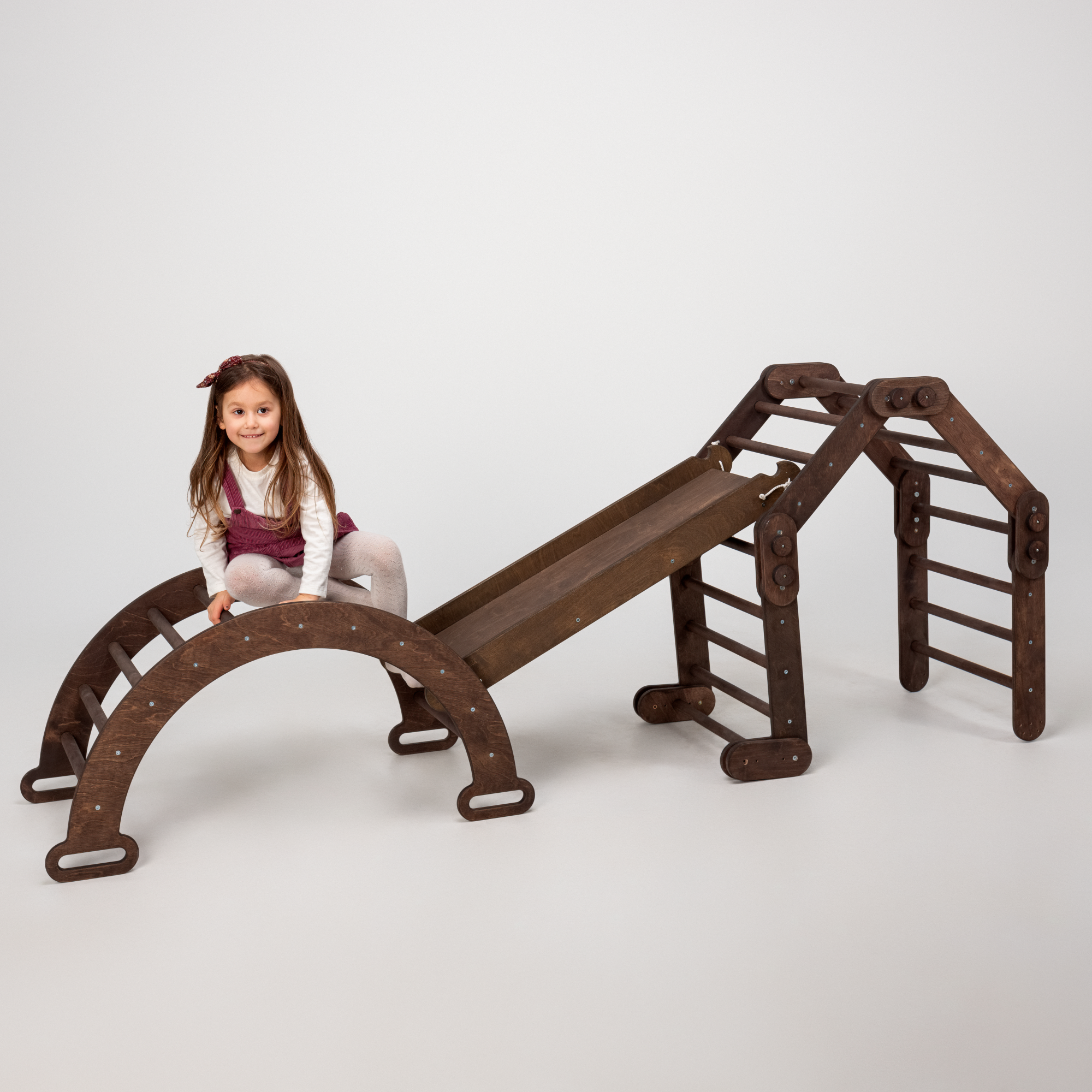 3in1 Montessori Climbing Set: Snake Ladder + Arch/Rocker + Slide Board/Ramp – Chocolate 3in1 Playsets Goodevas
