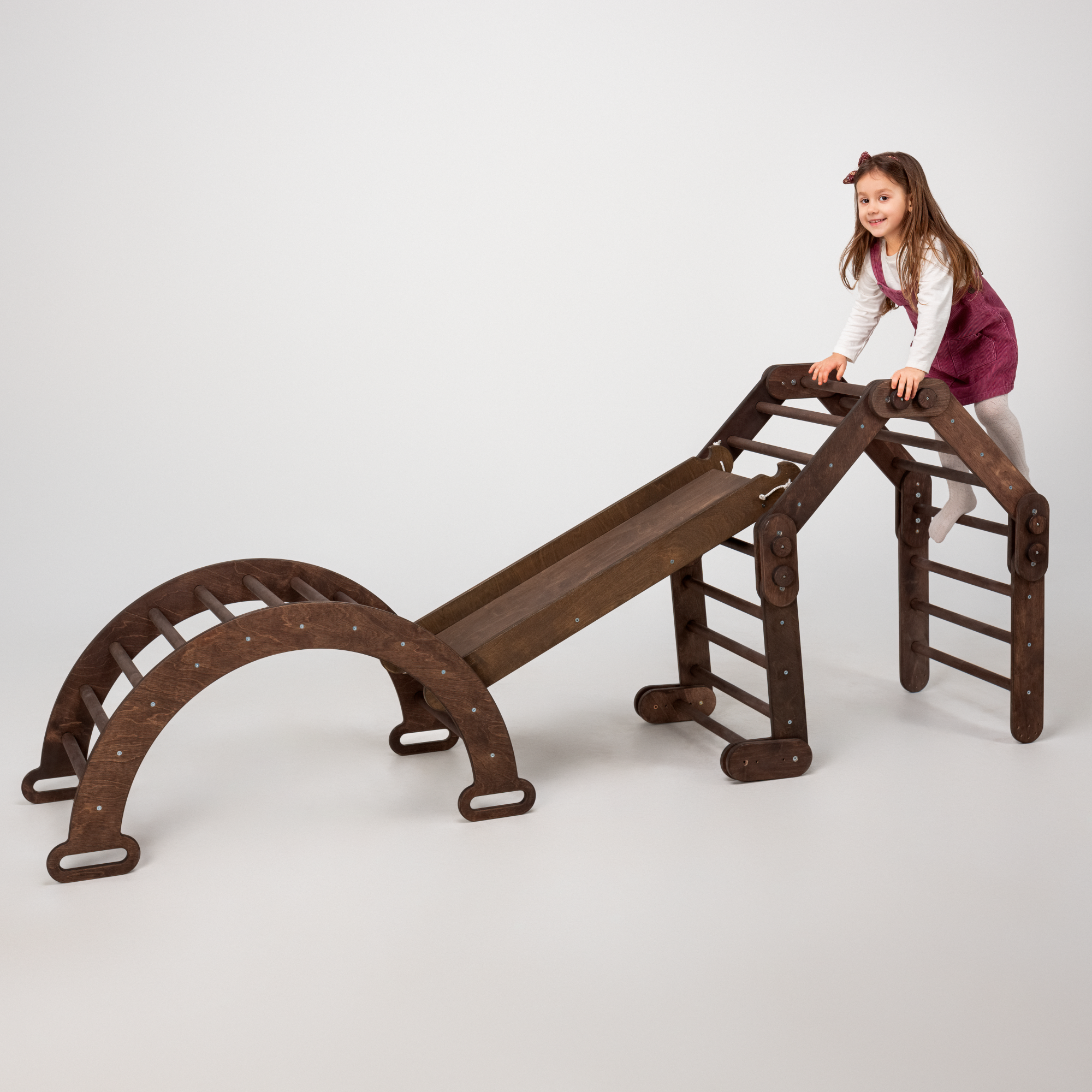 3in1 Montessori Climbing Set: Snake Ladder + Arch/Rocker + Slide Board/Ramp – Chocolate 3in1 Playsets Goodevas