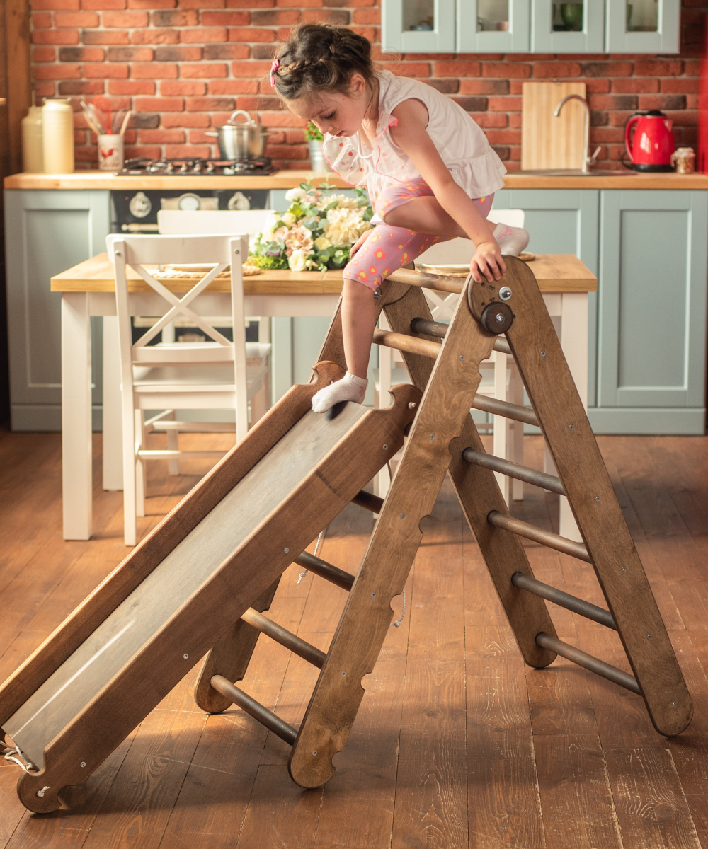 2in1 Montessori Climbing Frame Set: Triangle Ladder + Slide Board/Ramp – Chocolate 2in1 Playsets Goodevas