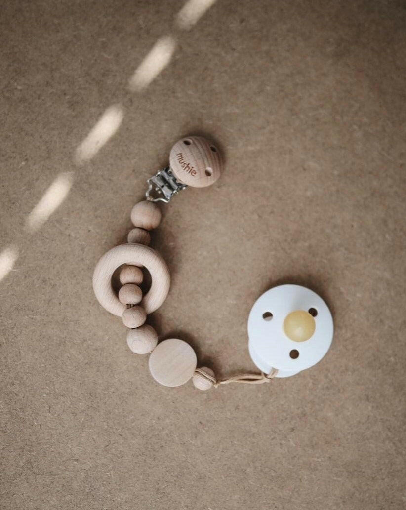 Wooden Pacifier Rattle Clip - Sunny Baby Essentials Mushie