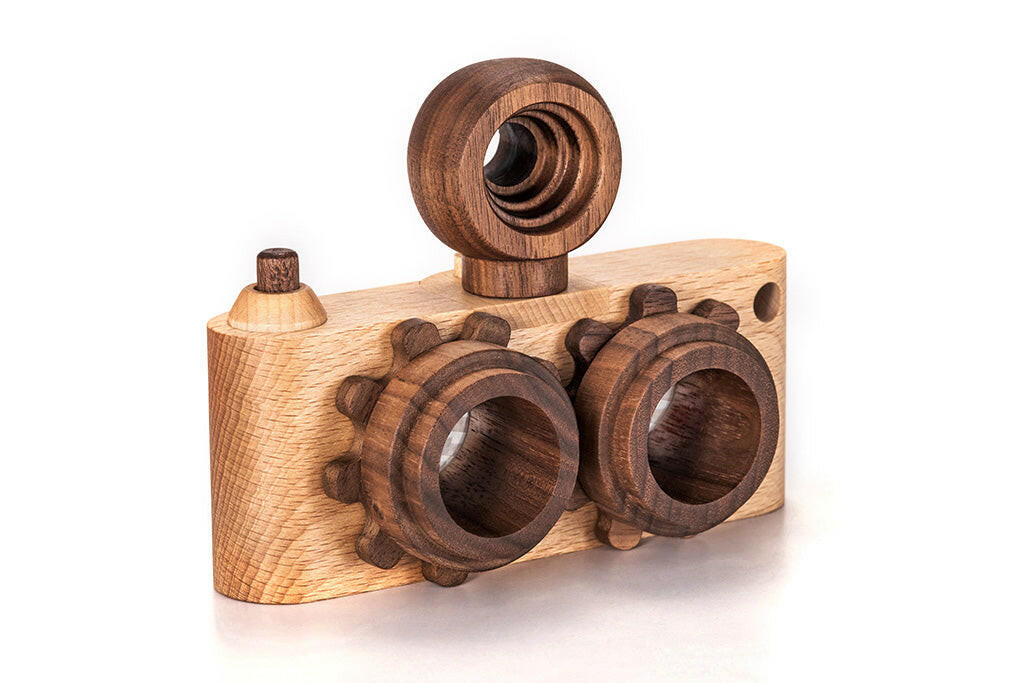 Twinkle Camera - Beechwood Camera Body W/ Walnut Lens wooden toy Father's Factory + no.3 Retro Round Flash Light