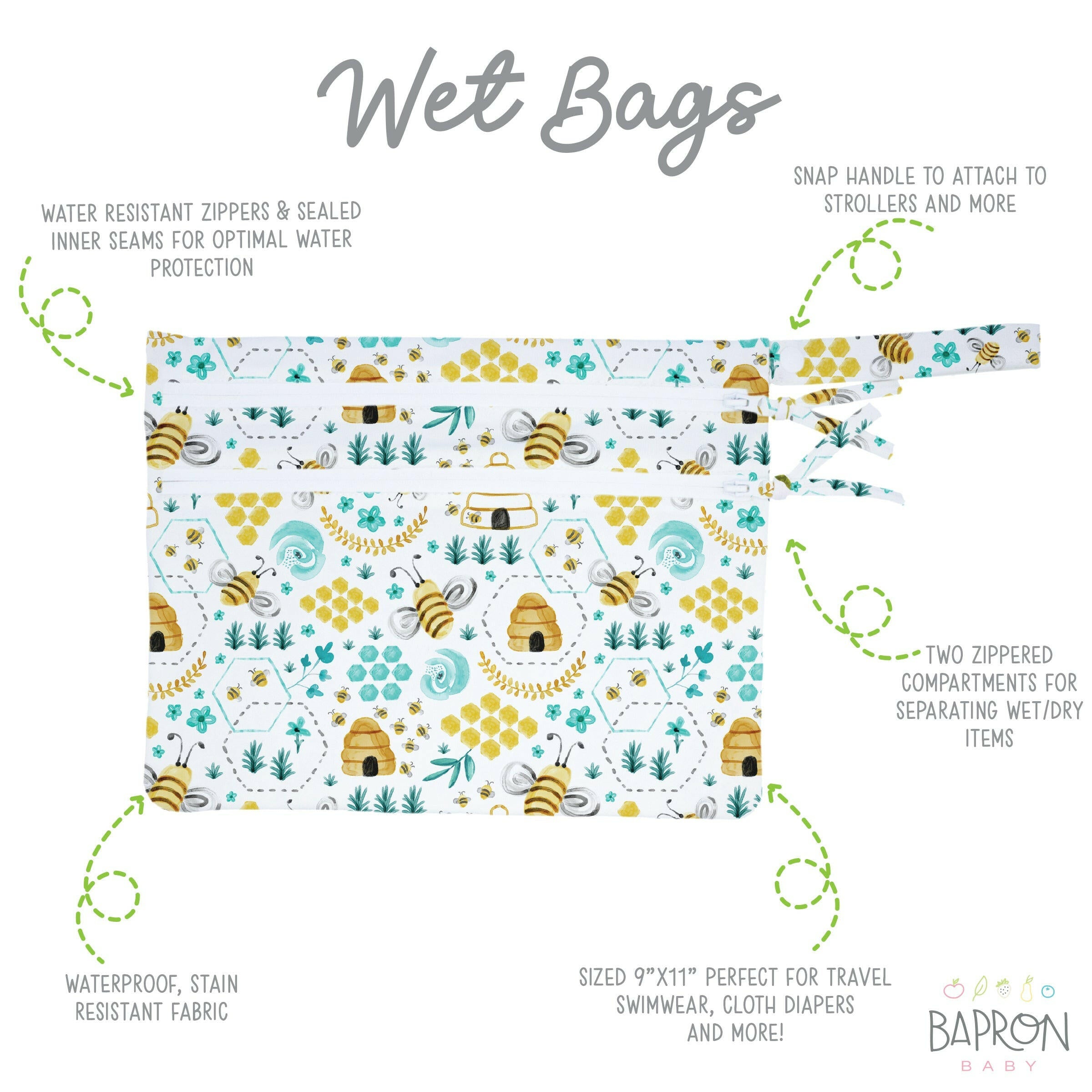 Busy Bees - Waterproof Wet Bag (For mealtime, on-the-go, and more!) BapronBaby