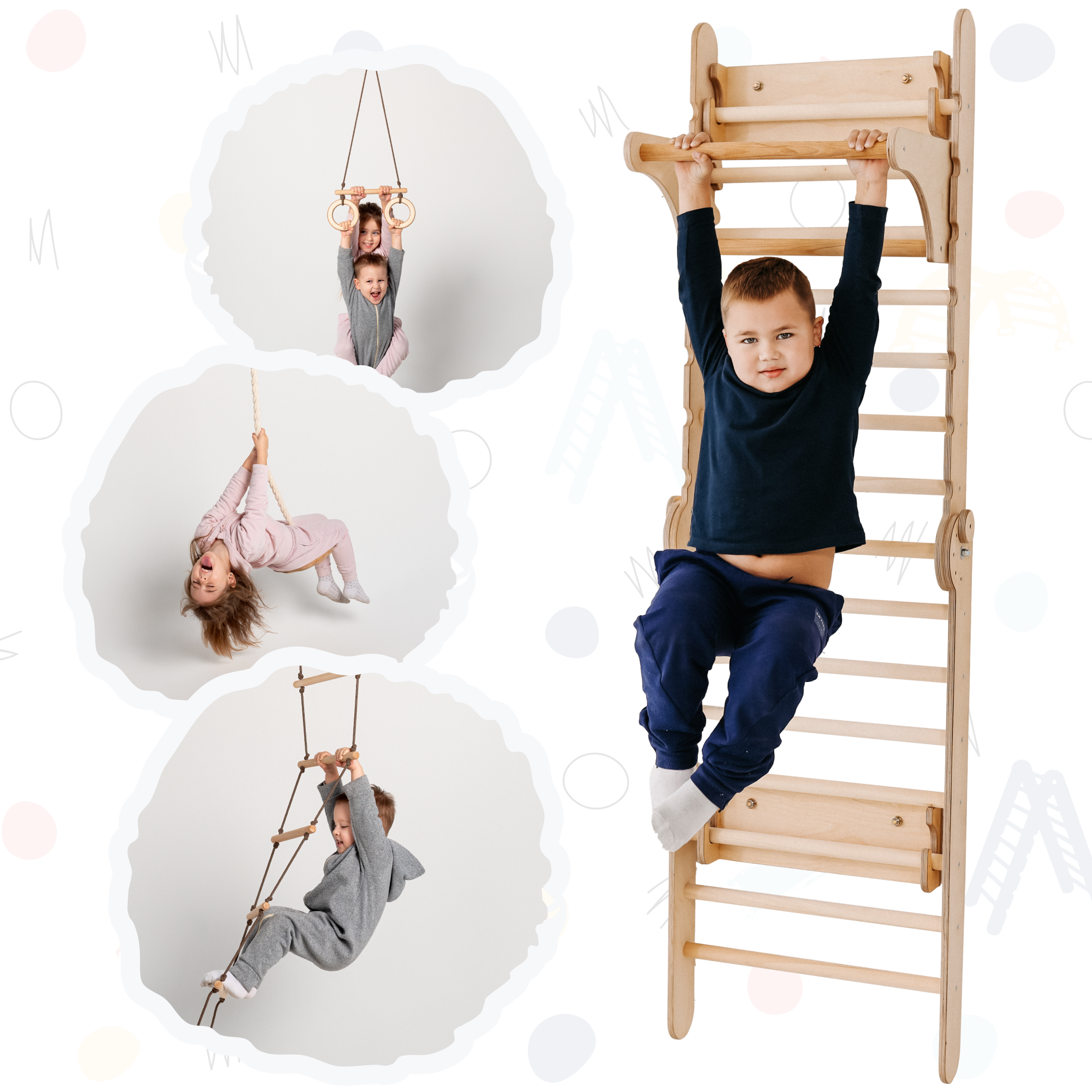 Wooden Swedish Wall / Climbing ladder for Children + Swing Set Swesdish wall Goodevas