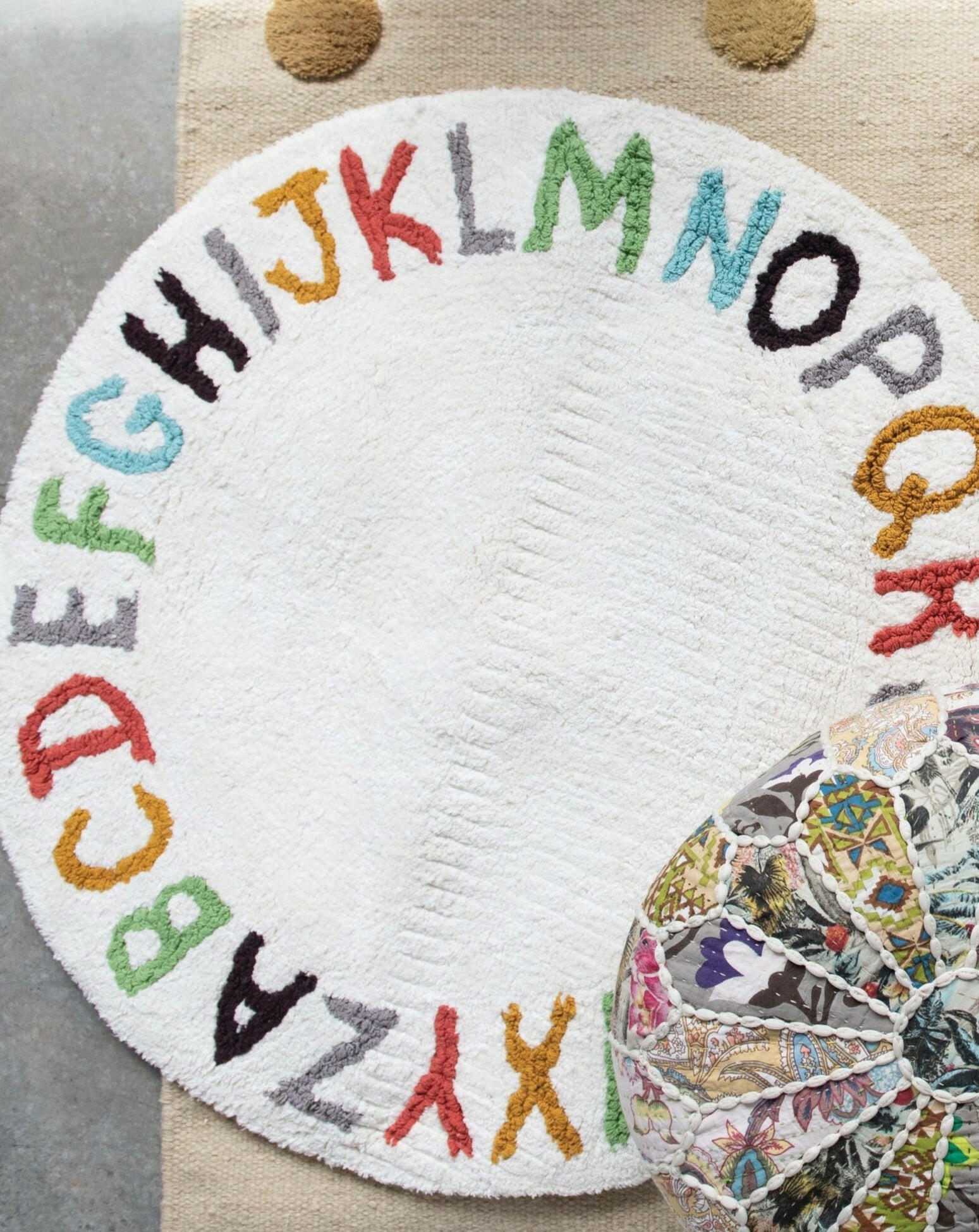 38" Round Woven Cotton Tufted Alphabet Rug, Multi Color Rugs Bloomingville Mini