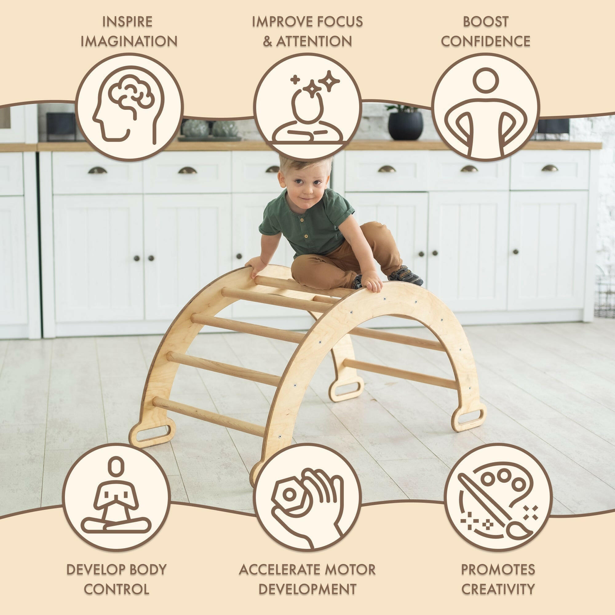 Climbing Arch & Rocker Balance - Montessori Climbers for Kids 1-7 y.o. – Beige Single Ladders Goodevas