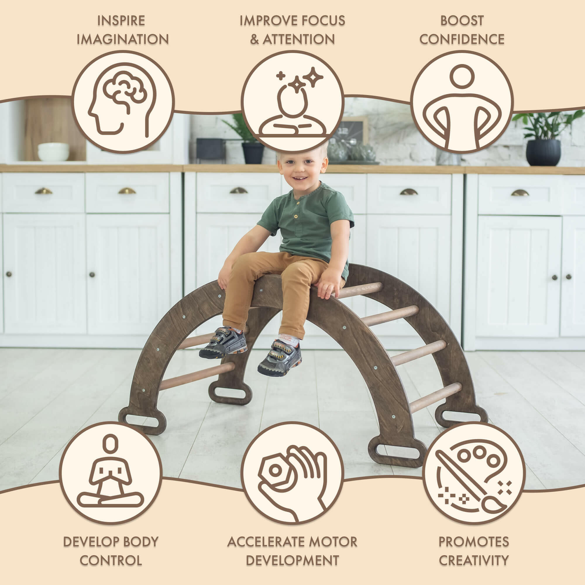 Climbing Arch & Rocker Balance - Montessori Climbers for Kids 1-7 y.o. – Chocolate Single Ladders Goodevas
