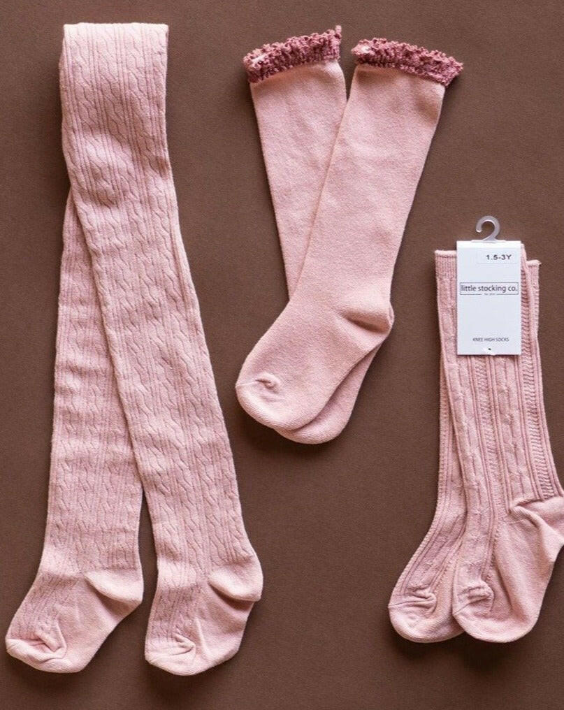 Blush Cable Knit Tights Tights Little Stocking Co