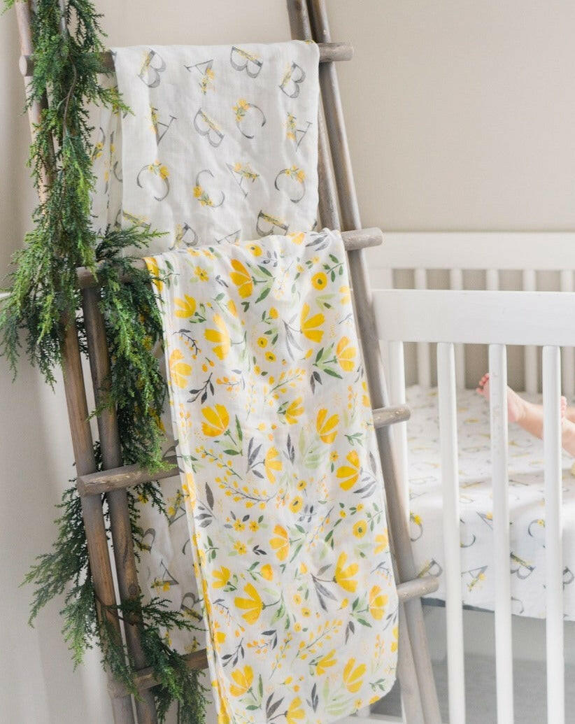 Royal Garden/Floral Alphabet Muslin Super Snuggle Blanket Baby Essentials Bebe Au Lait