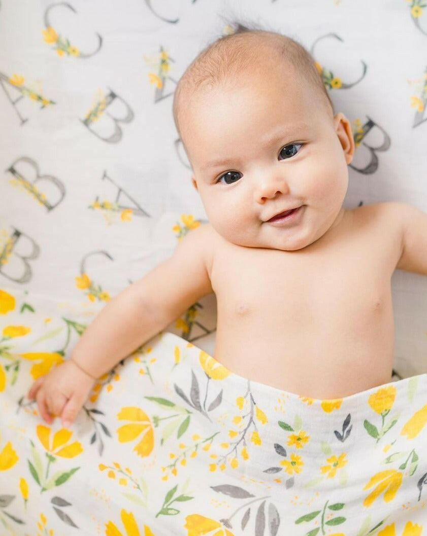 Royal Garden/Floral Alphabet Muslin Super Snuggle Blanket Baby Essentials Bebe Au Lait