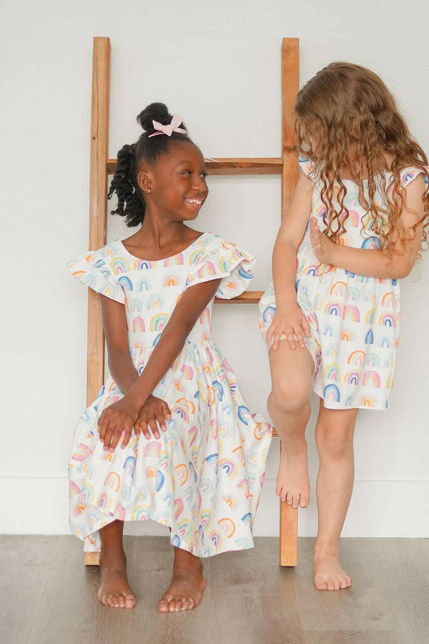 Macie Romper in Watercolor Rainbow romper Ollie Jay