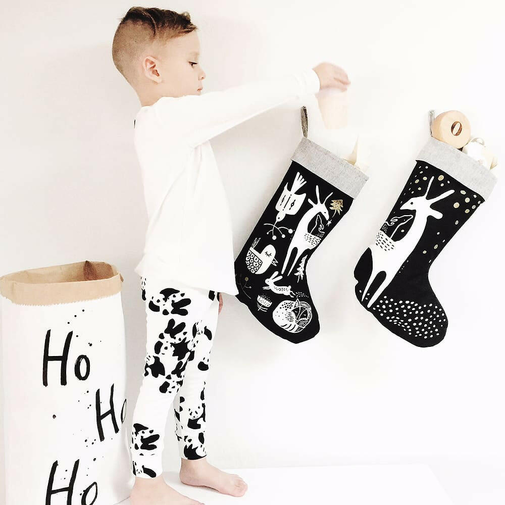 Winter Animals Stocking - Black on White Christmas Wee Gallery
