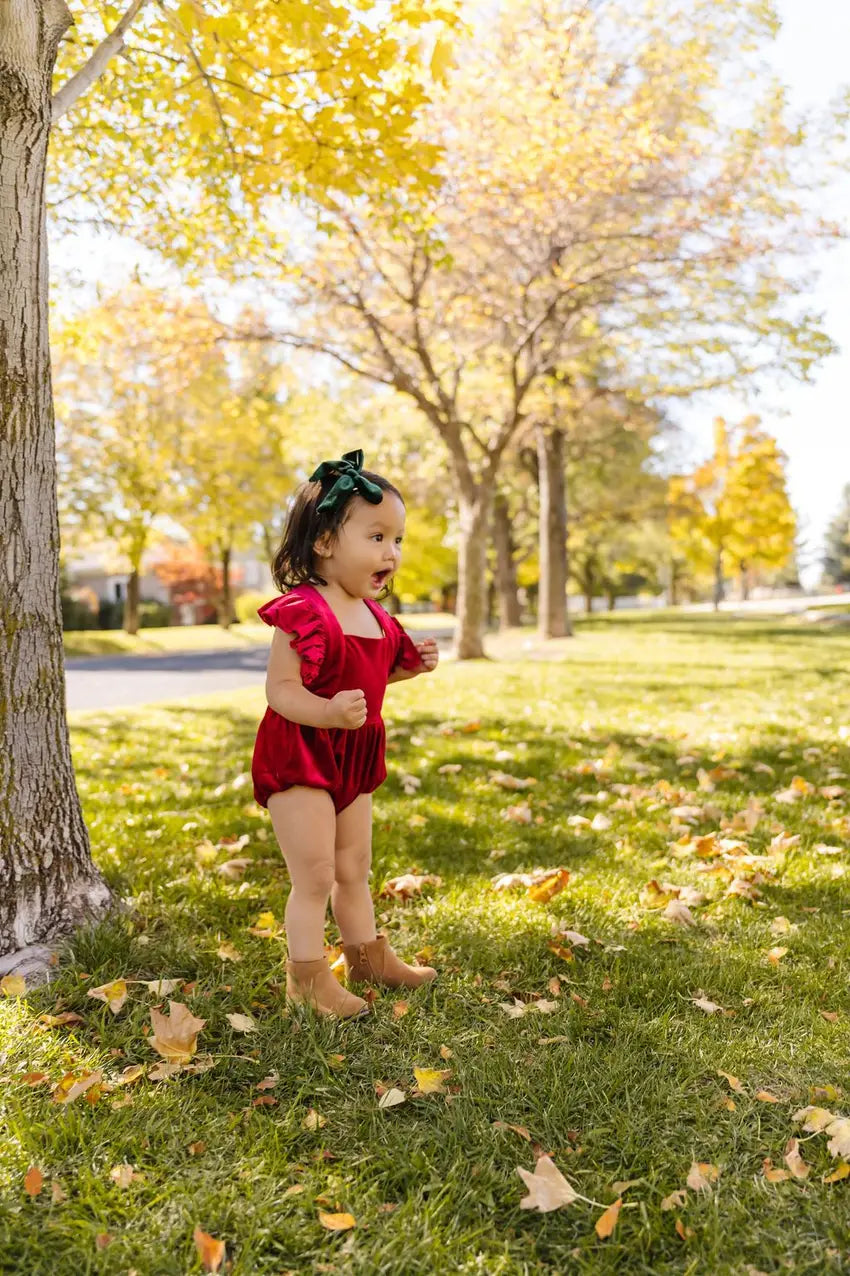 Emmy Romper in Ruby Velvet Ollie Jay