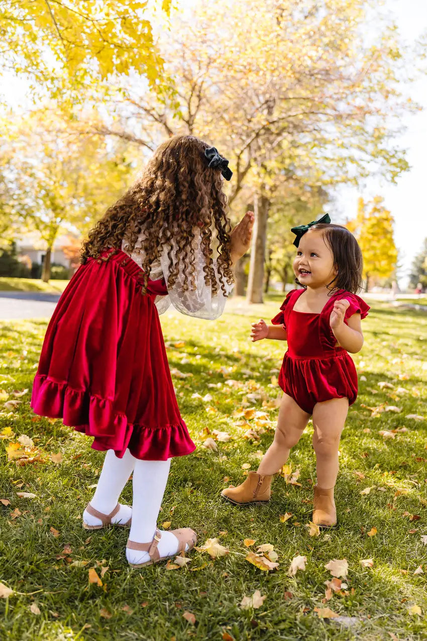 Emmy Romper in Ruby Velvet Ollie Jay