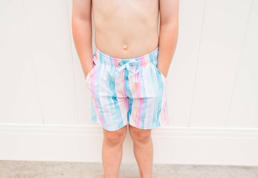 Boy Swim Shorts in Watercolor Stripe swimwear Ollie Jay